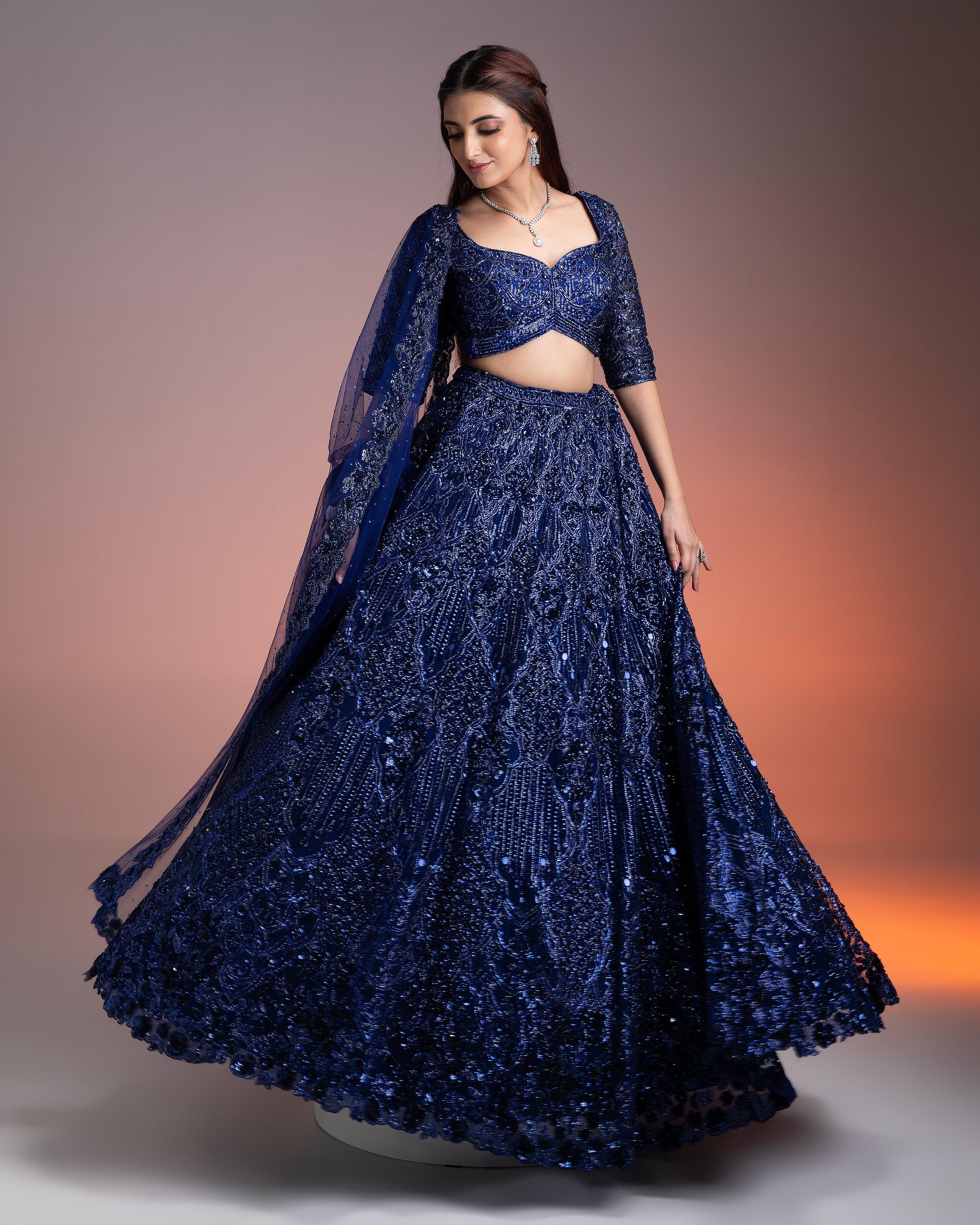 Midnight Blue Net Lehenga Set With Sequins And Beads Embroidery - Mokshaa