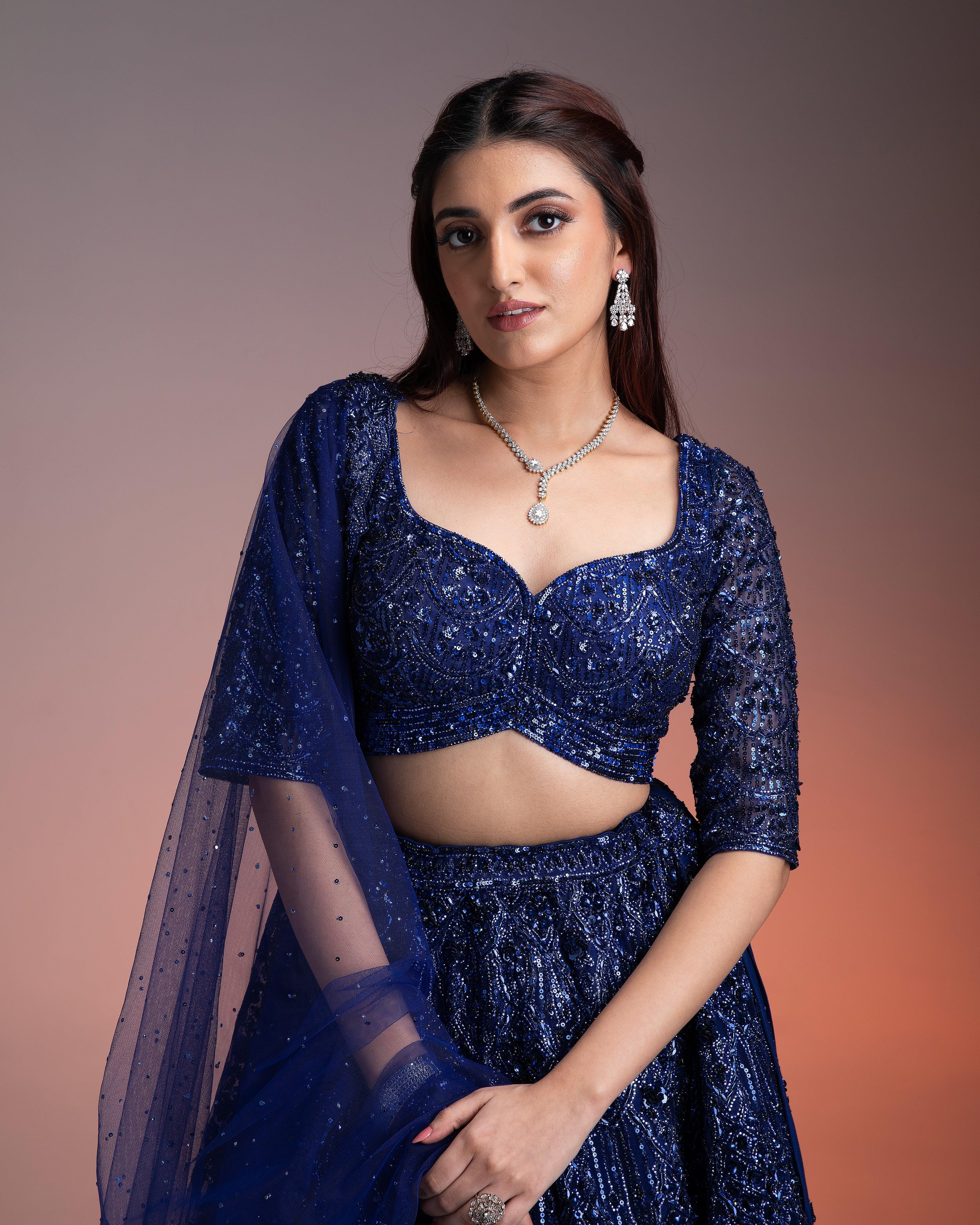 Midnight Blue Net Lehenga Set With Sequins And Beads Embroidery - Mokshaa