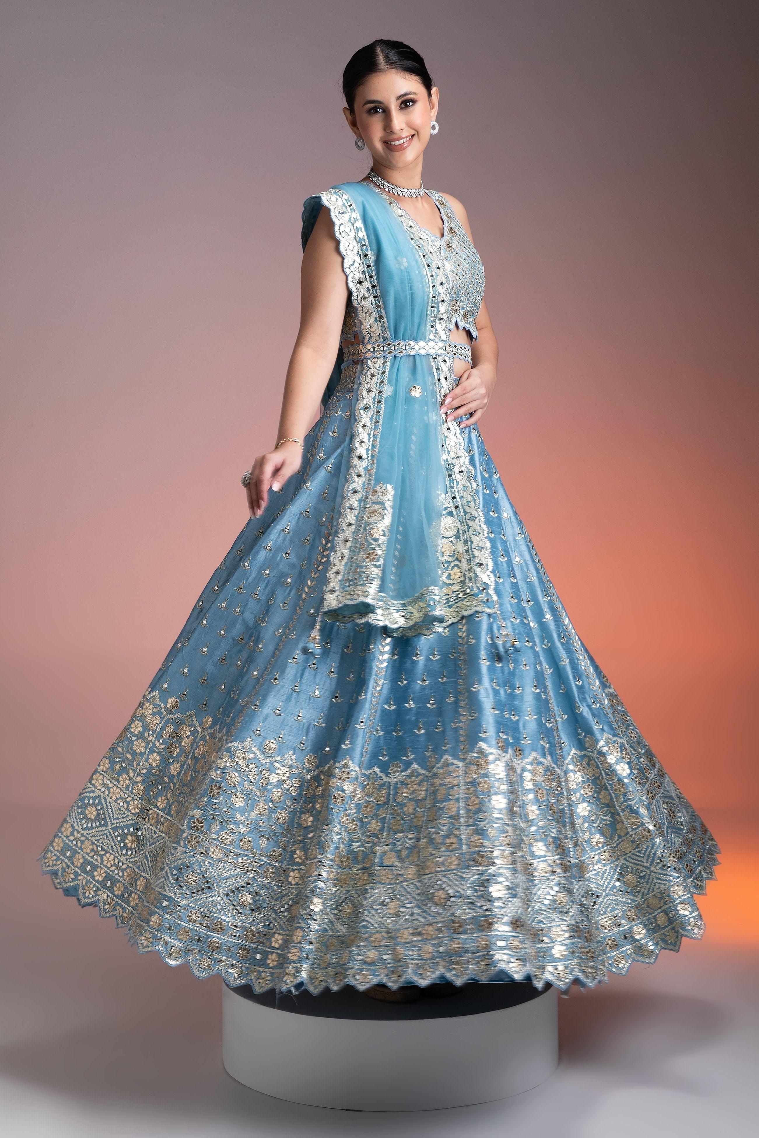 Sky Blue Silk Lehenga Set With Mirror Work And Thread Embroidery - Mokshaa