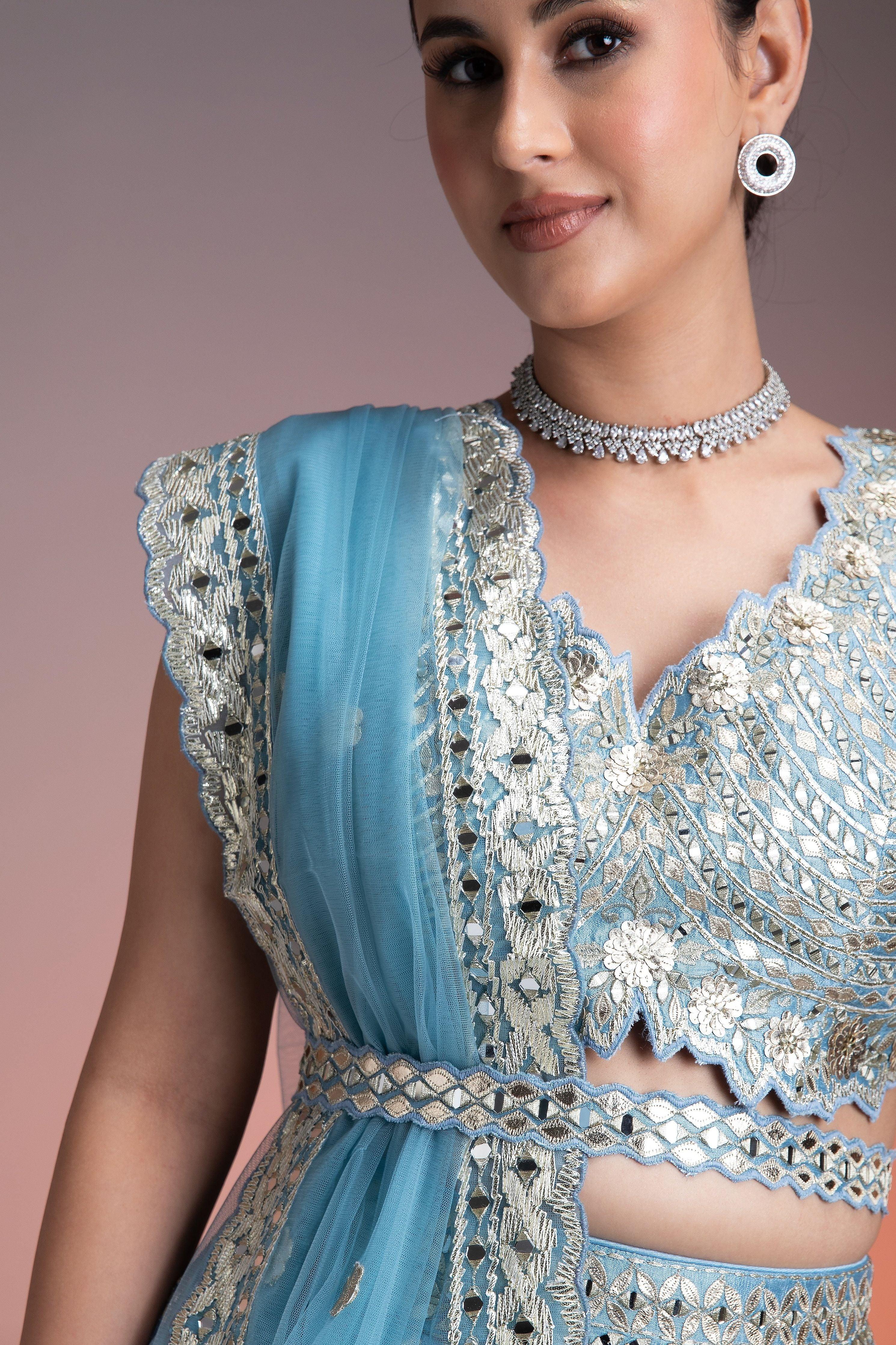 Sky Blue Silk Lehenga Set With Mirror Work And Thread Embroidery - Mokshaa
