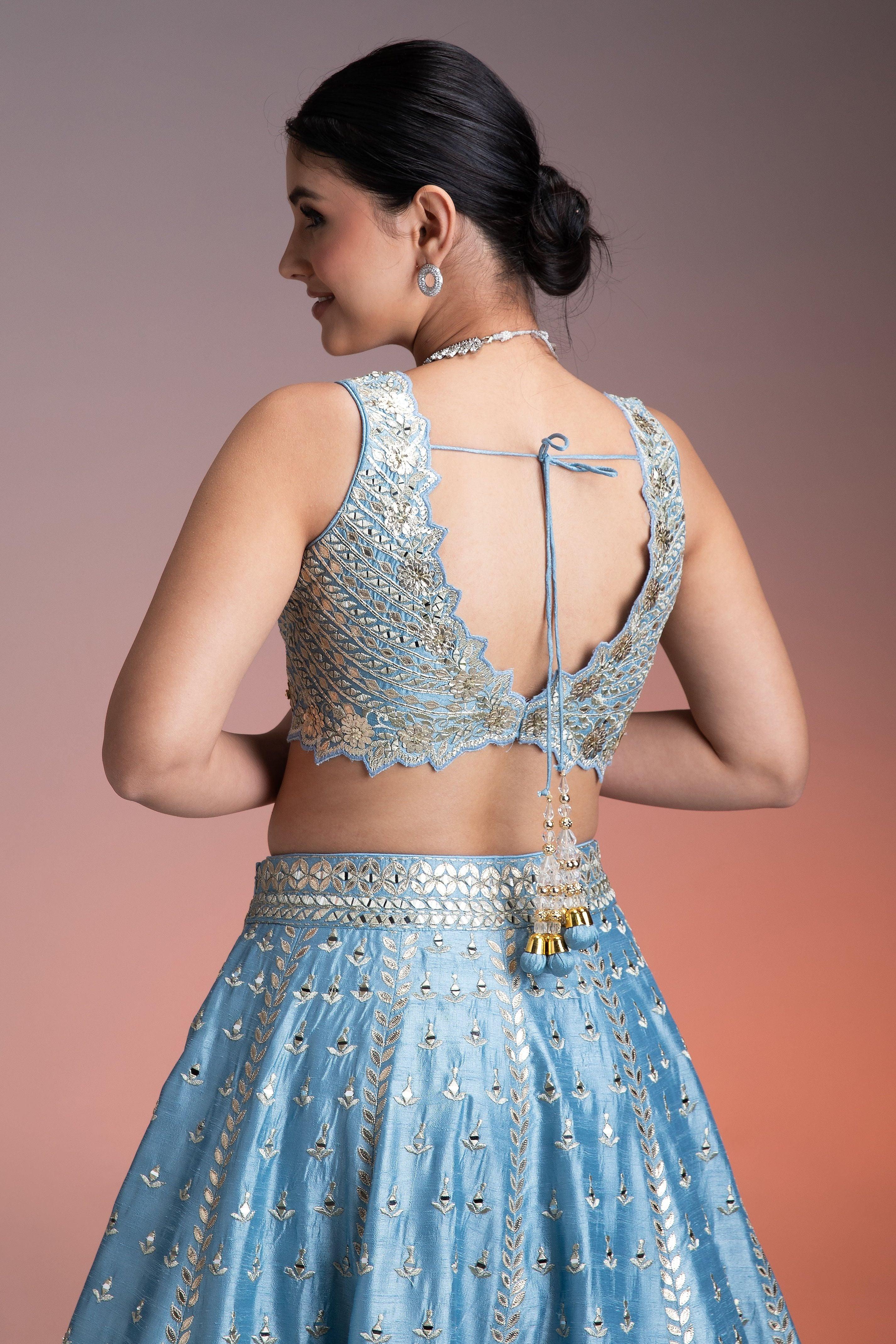 Sky Blue Silk Lehenga Set With Mirror Work And Thread Embroidery - Mokshaa