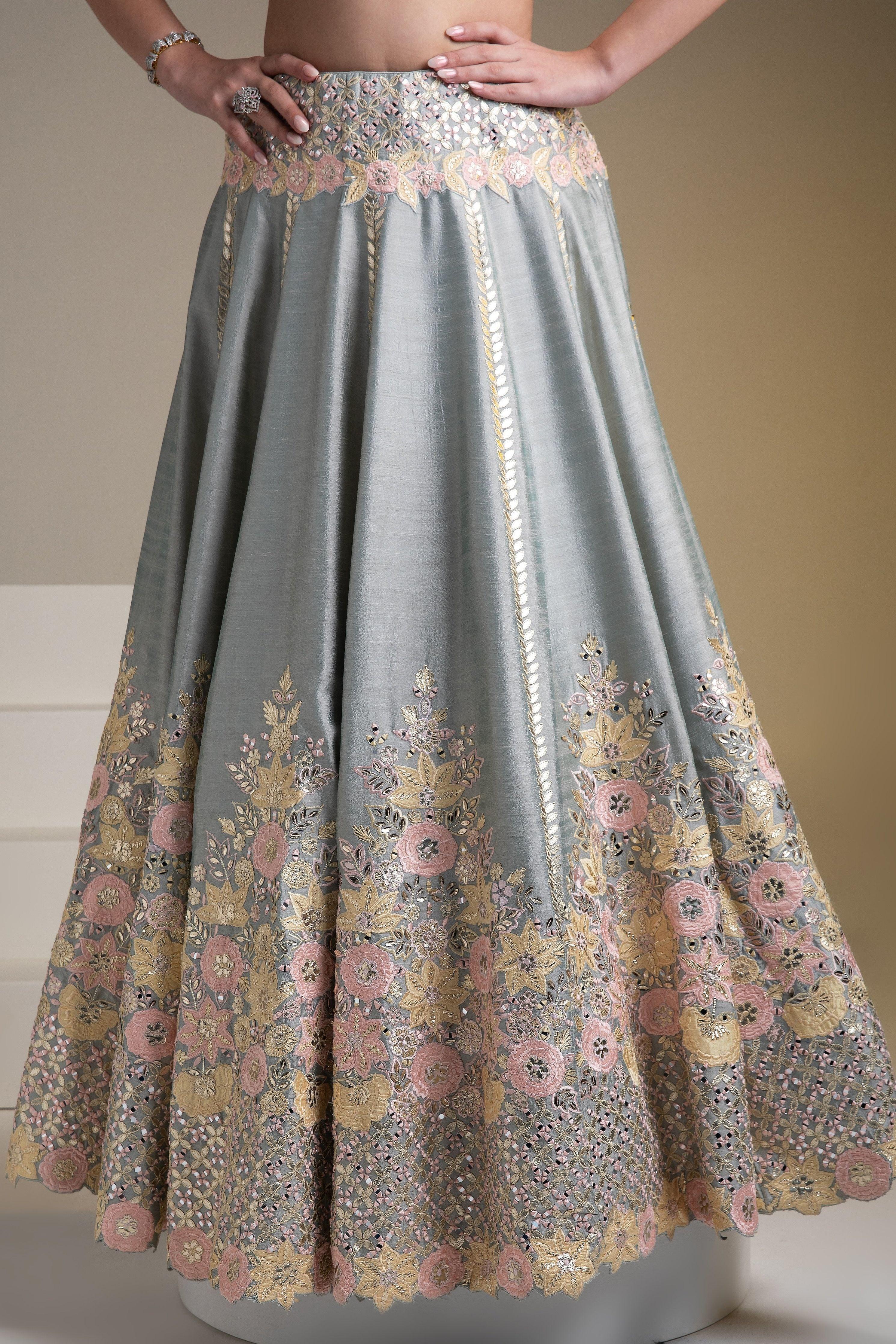 Grey Silk Lehenga With Pastel Floral Accents And Yellow Dupatta - Mokshaa