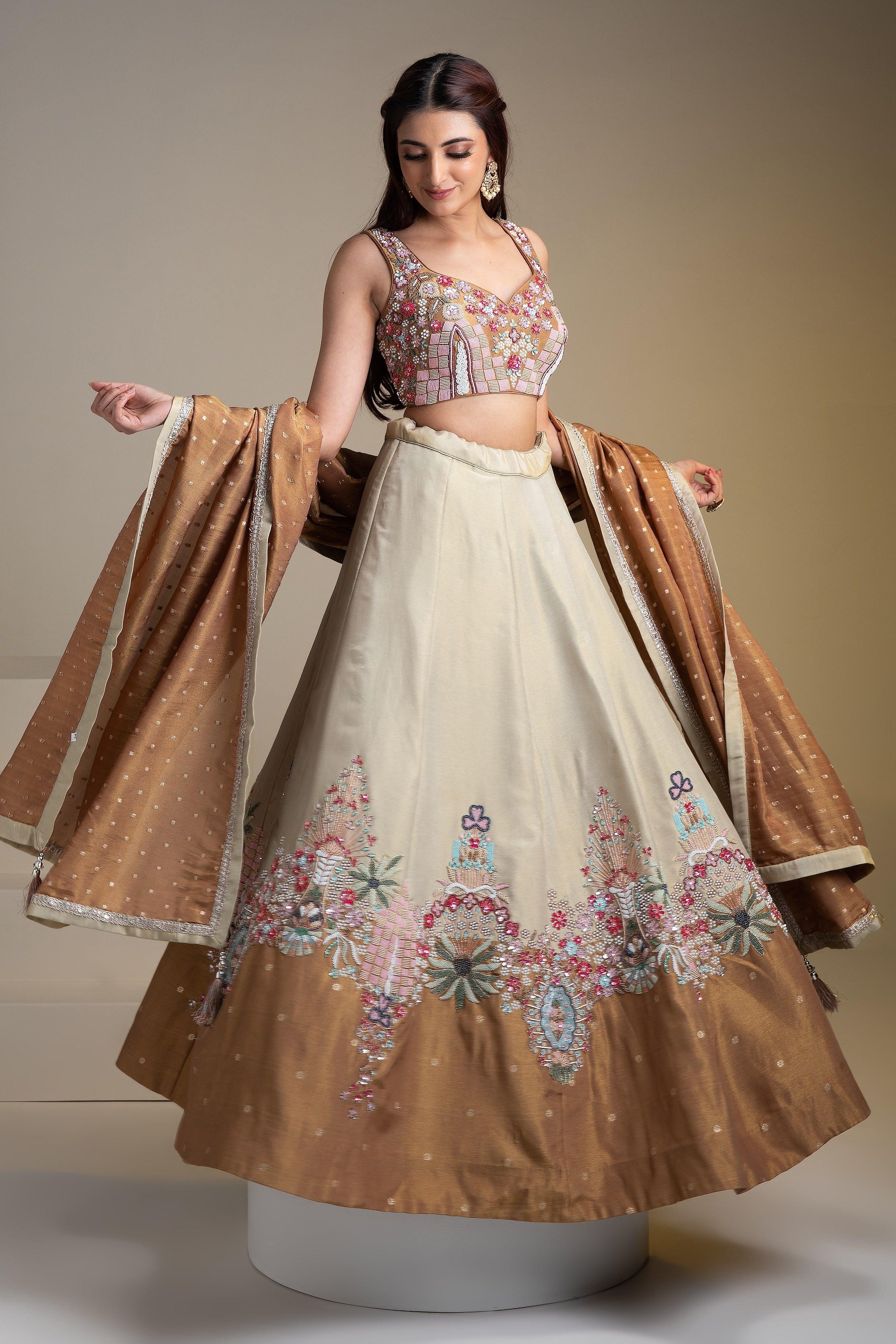 Beige And Copper Silk Lehenga Set With Intricate Floral Embroidery - Mokshaa