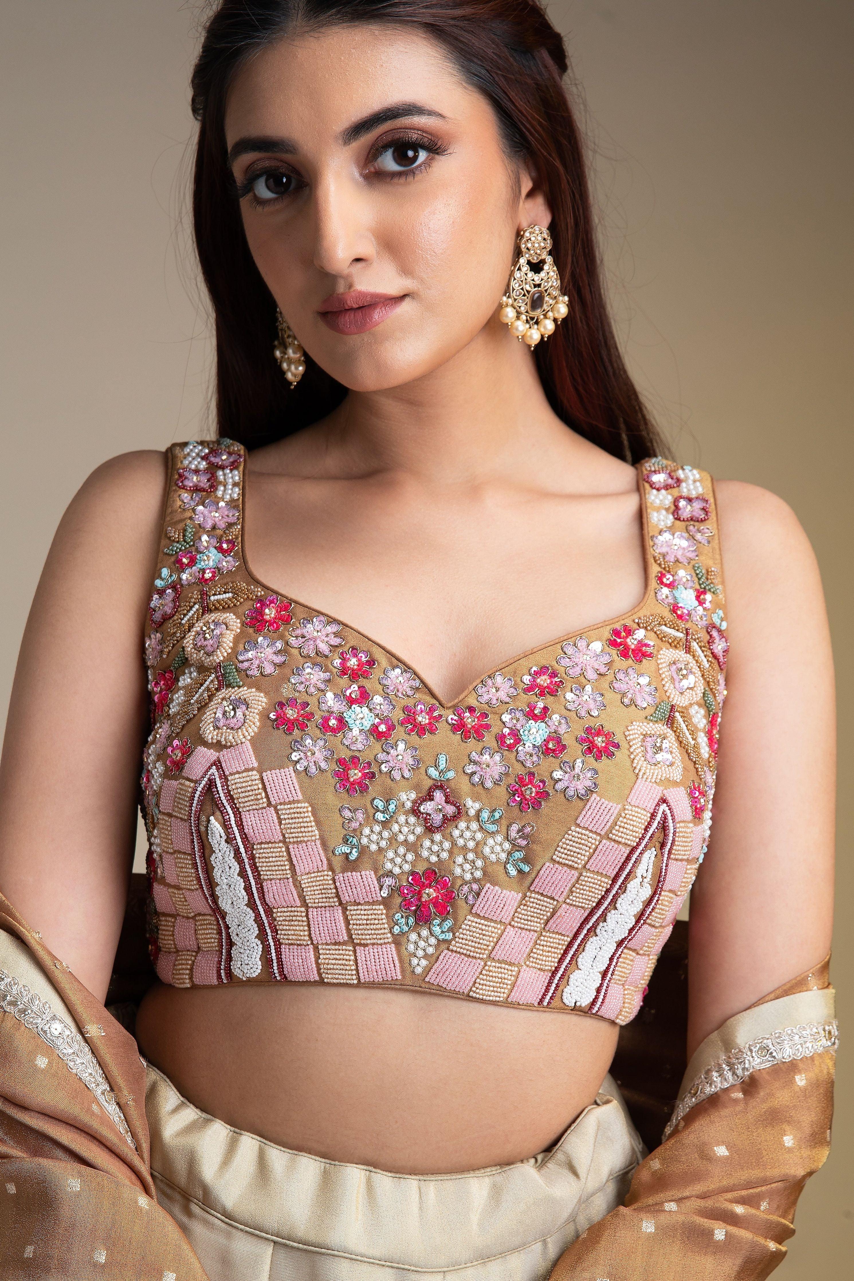 Beige And Copper Silk Lehenga Set With Intricate Floral Embroidery - Mokshaa