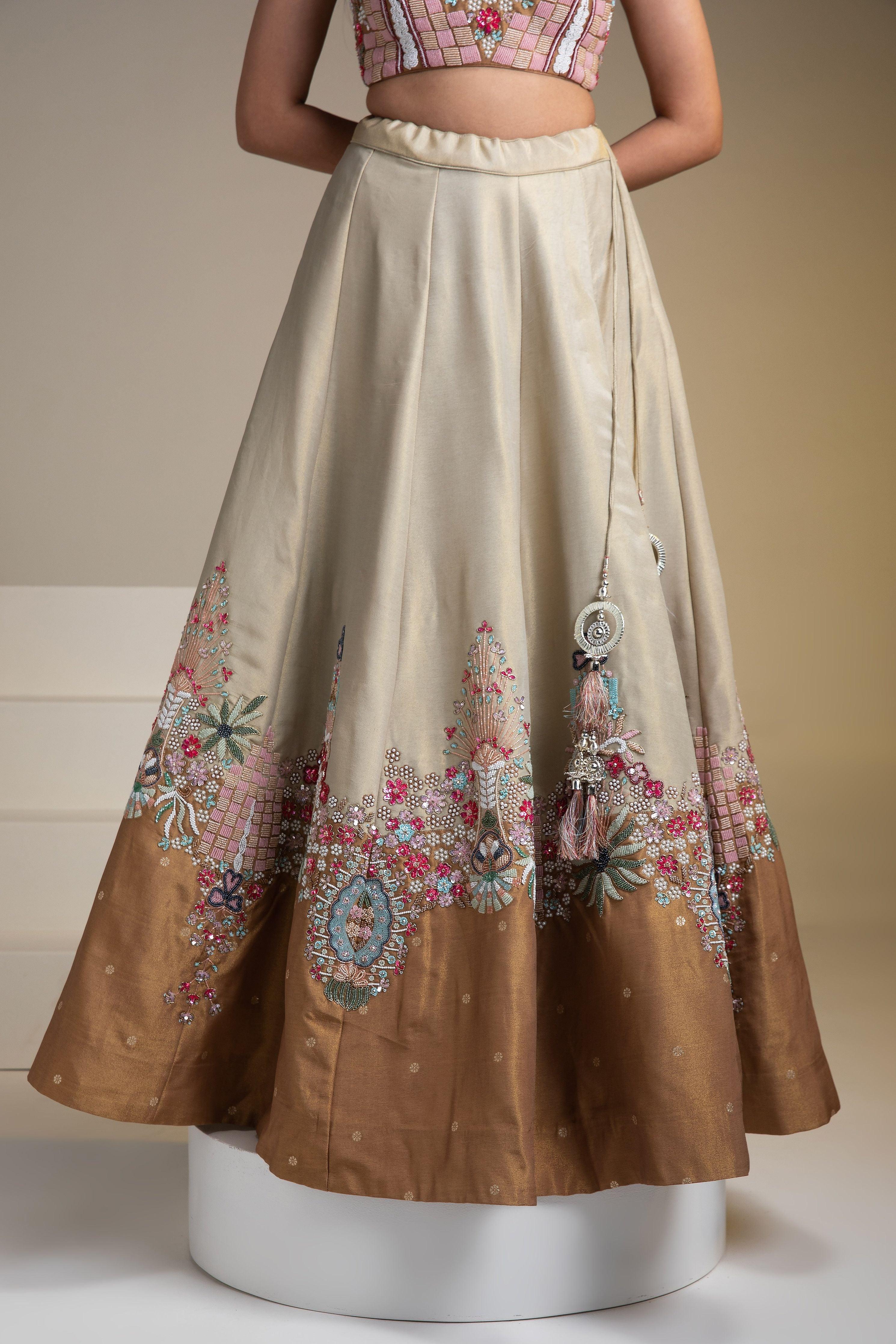 Beige And Copper Silk Lehenga Set With Intricate Floral Embroidery - Mokshaa