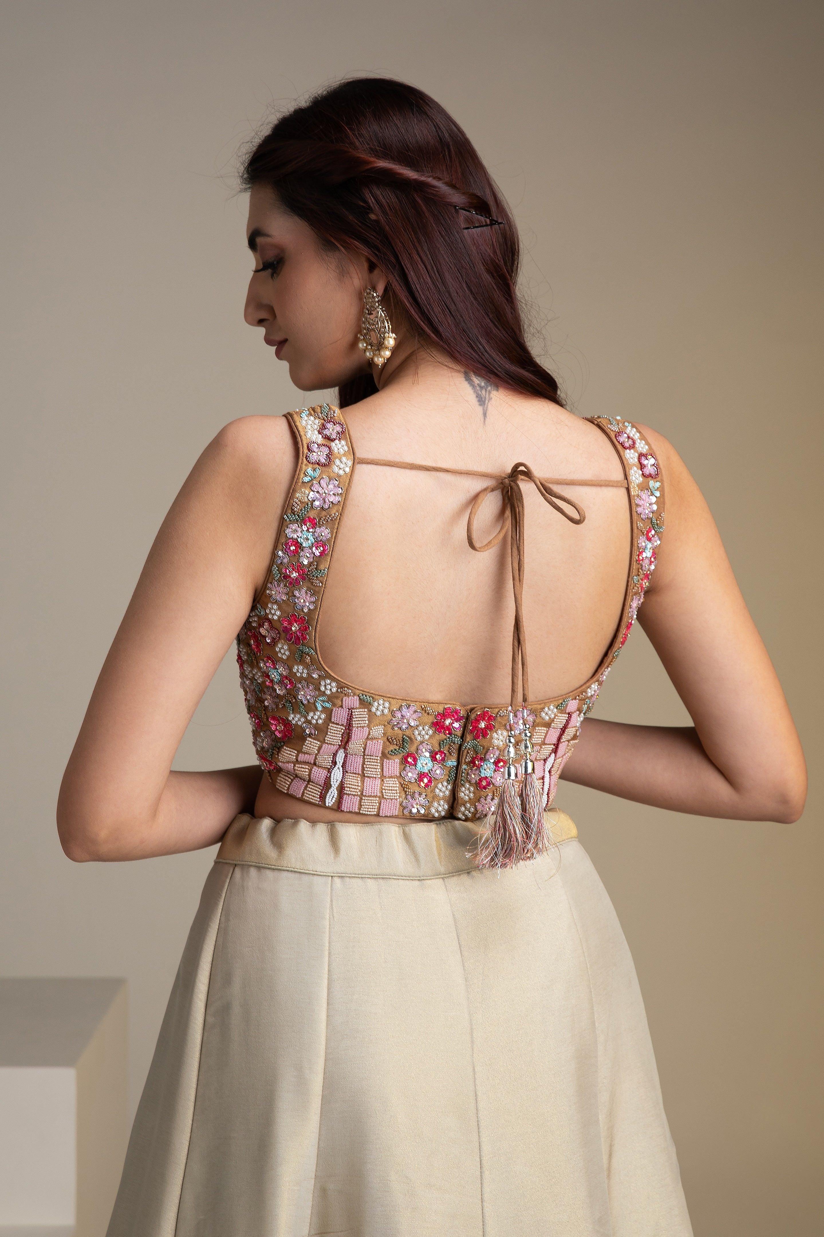 Beige And Copper Silk Lehenga Set With Intricate Floral Embroidery - Mokshaa