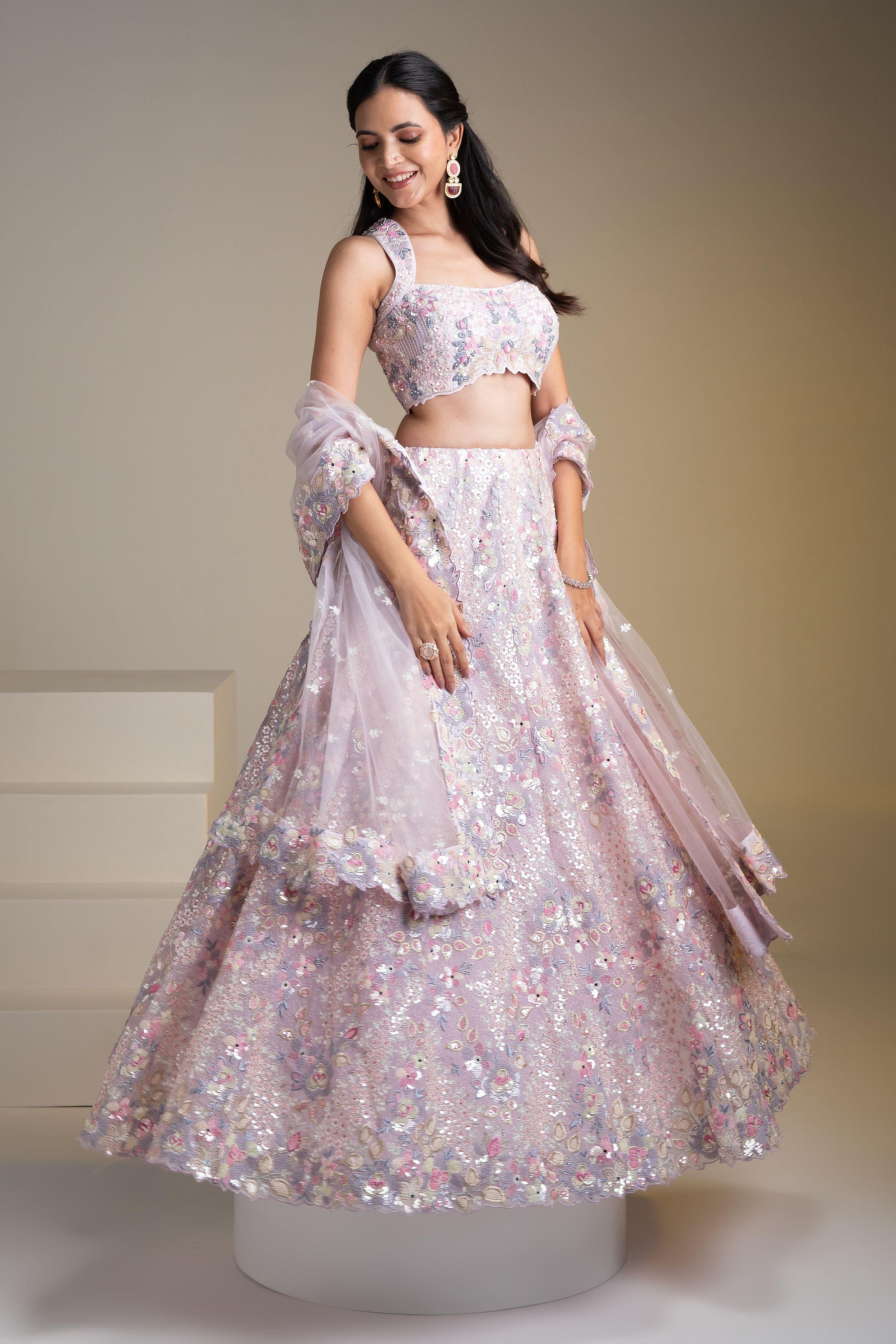 Pastel Pink Net Lehenga Set With Floral Embroidery And Sequins - Mokshaa