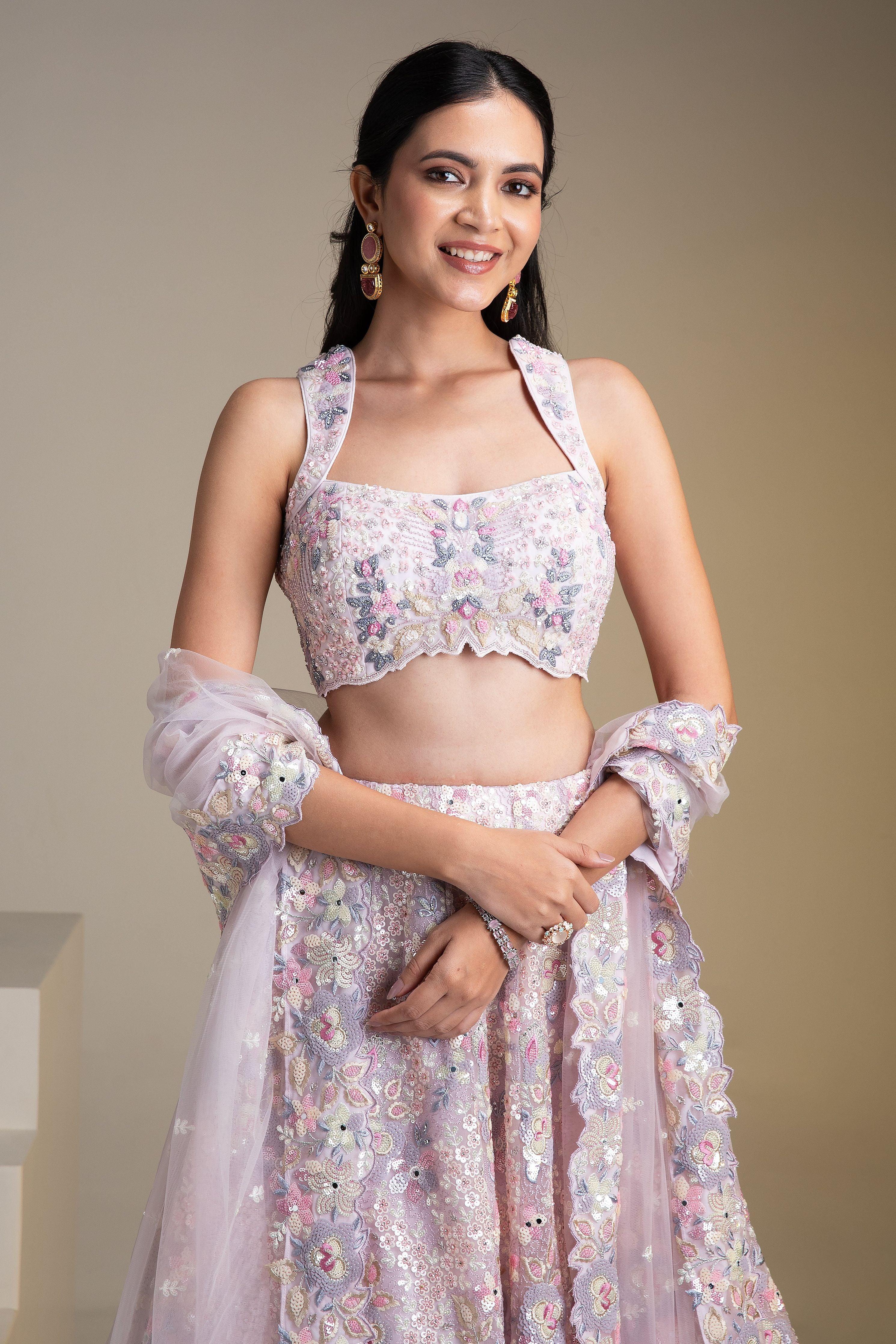 Pastel Pink Net Lehenga Set With Floral Embroidery And Sequins - Mokshaa