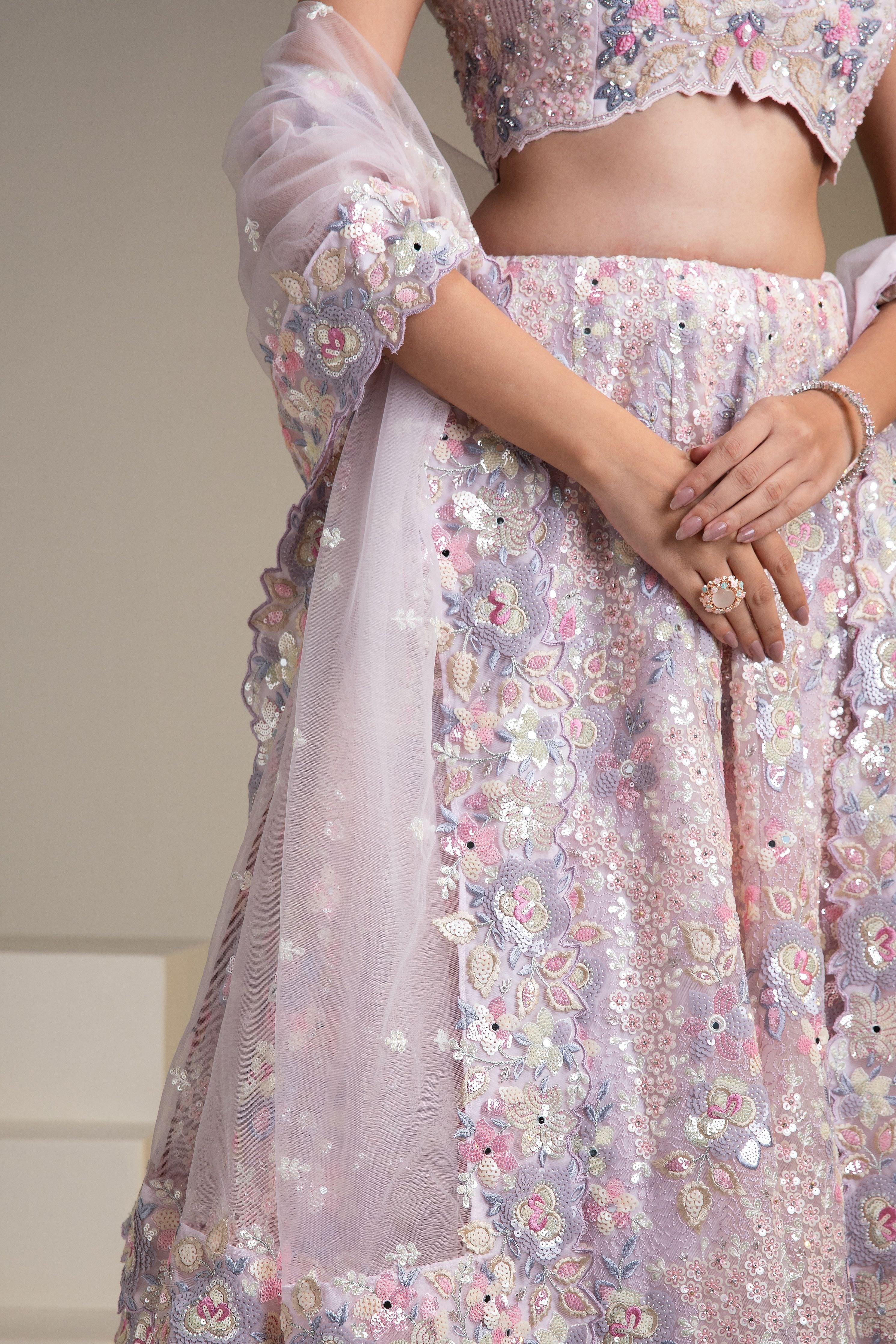 Pastel Pink Net Lehenga Set With Floral Embroidery And Sequins - Mokshaa