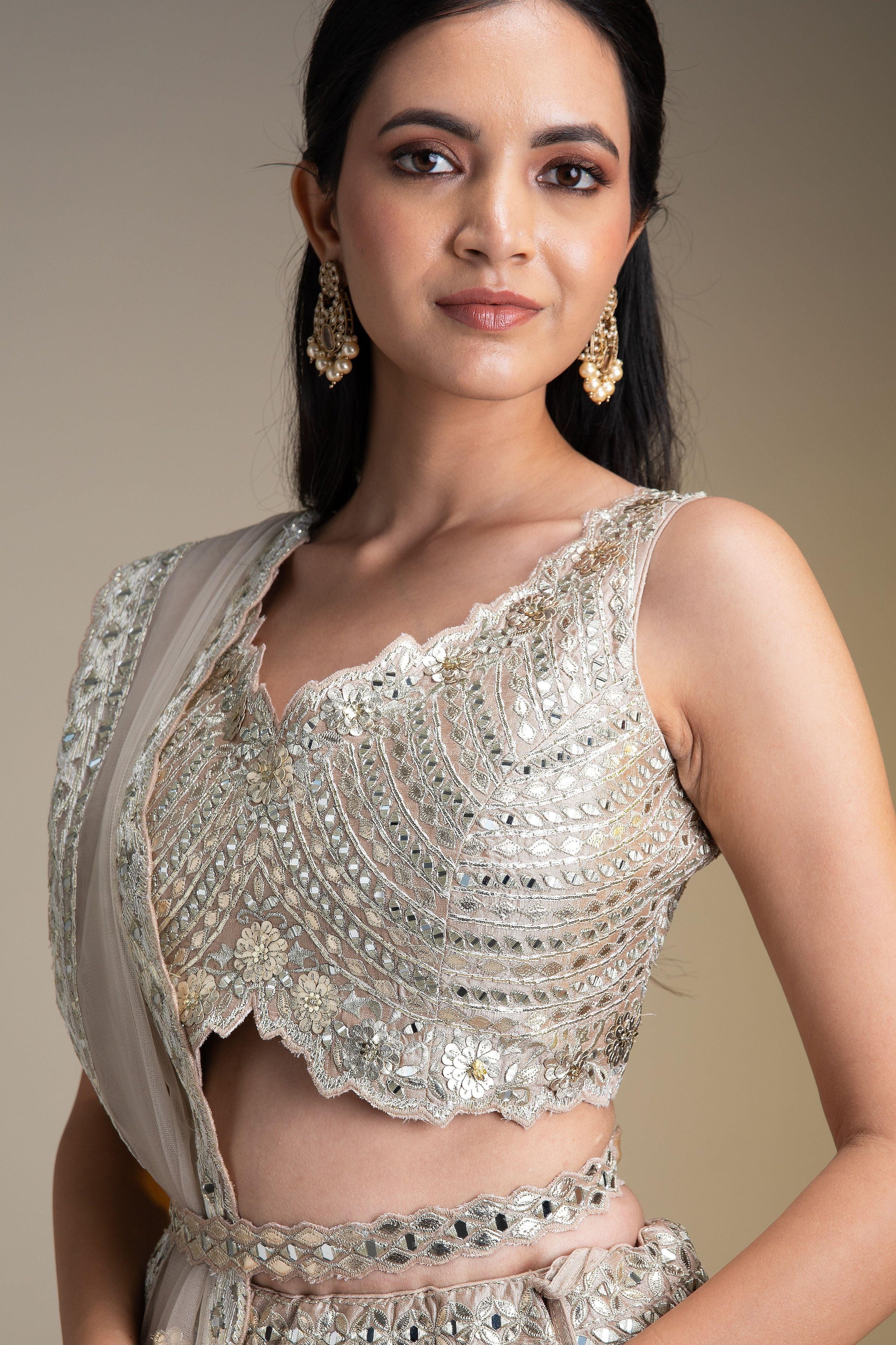 Beige Raw Silk Lehenga Set With Mirror Work - Mokshaa