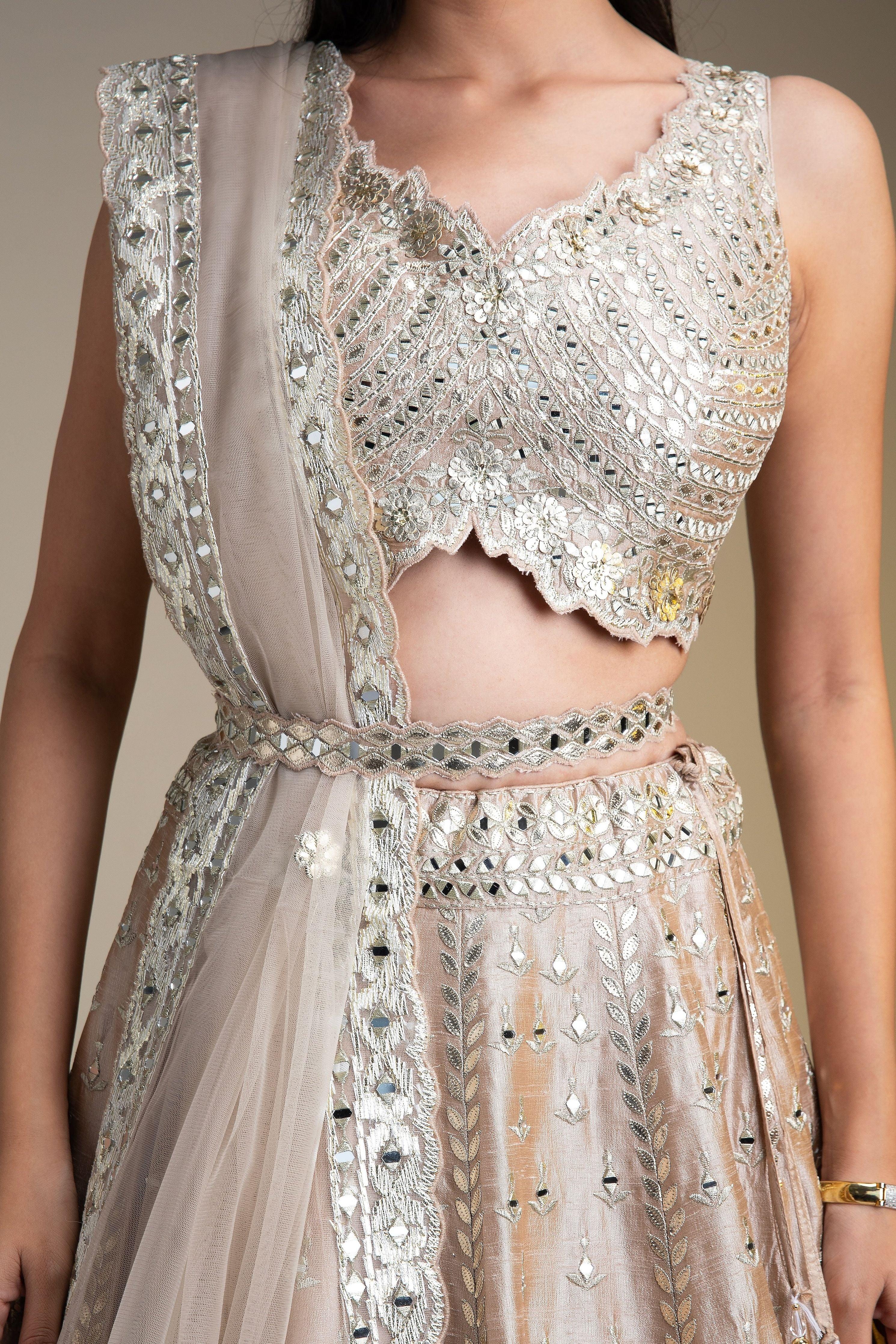 Beige Raw Silk Lehenga Set With Mirror Work - Mokshaa