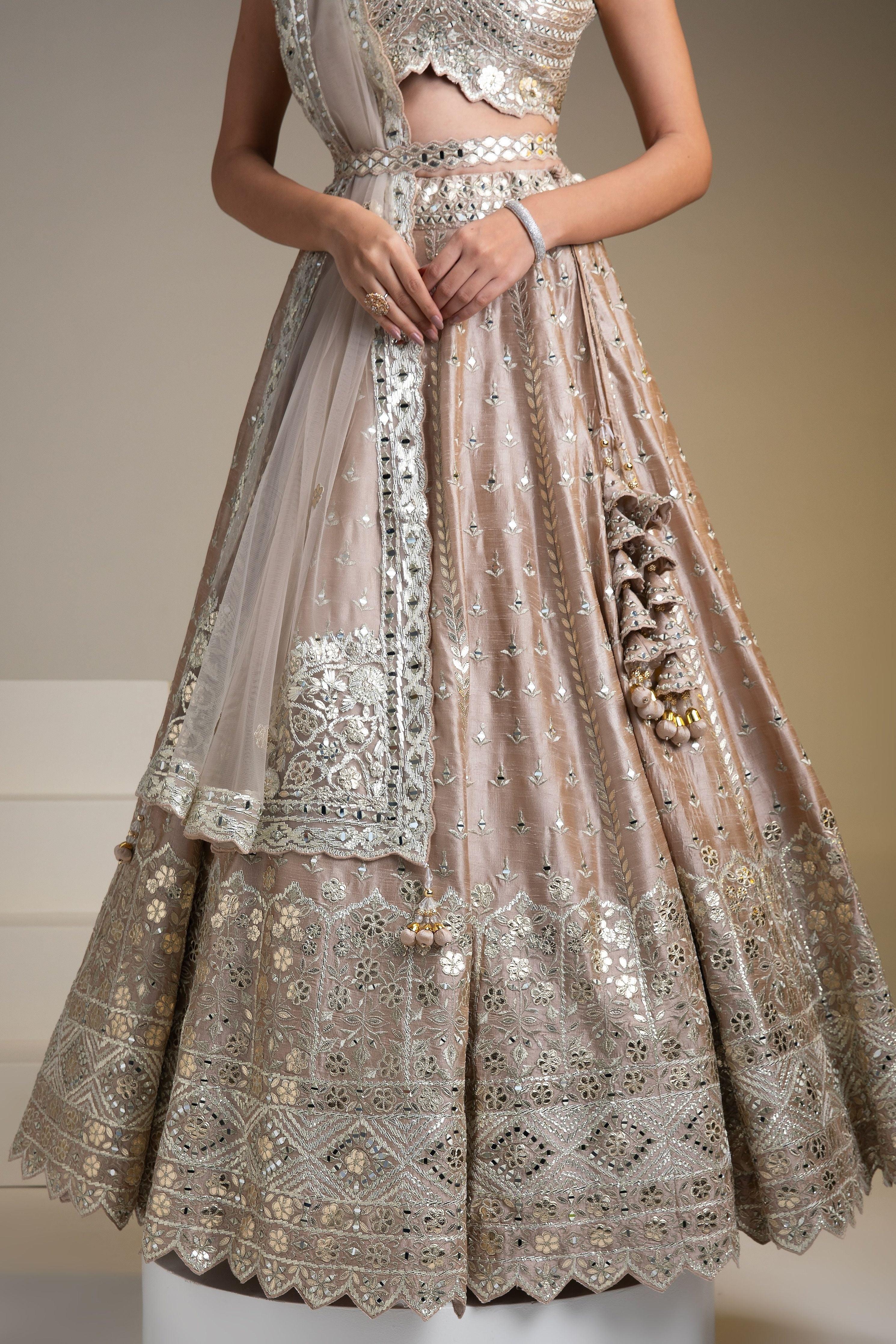 Beige Raw Silk Lehenga Set With Mirror Work - Mokshaa