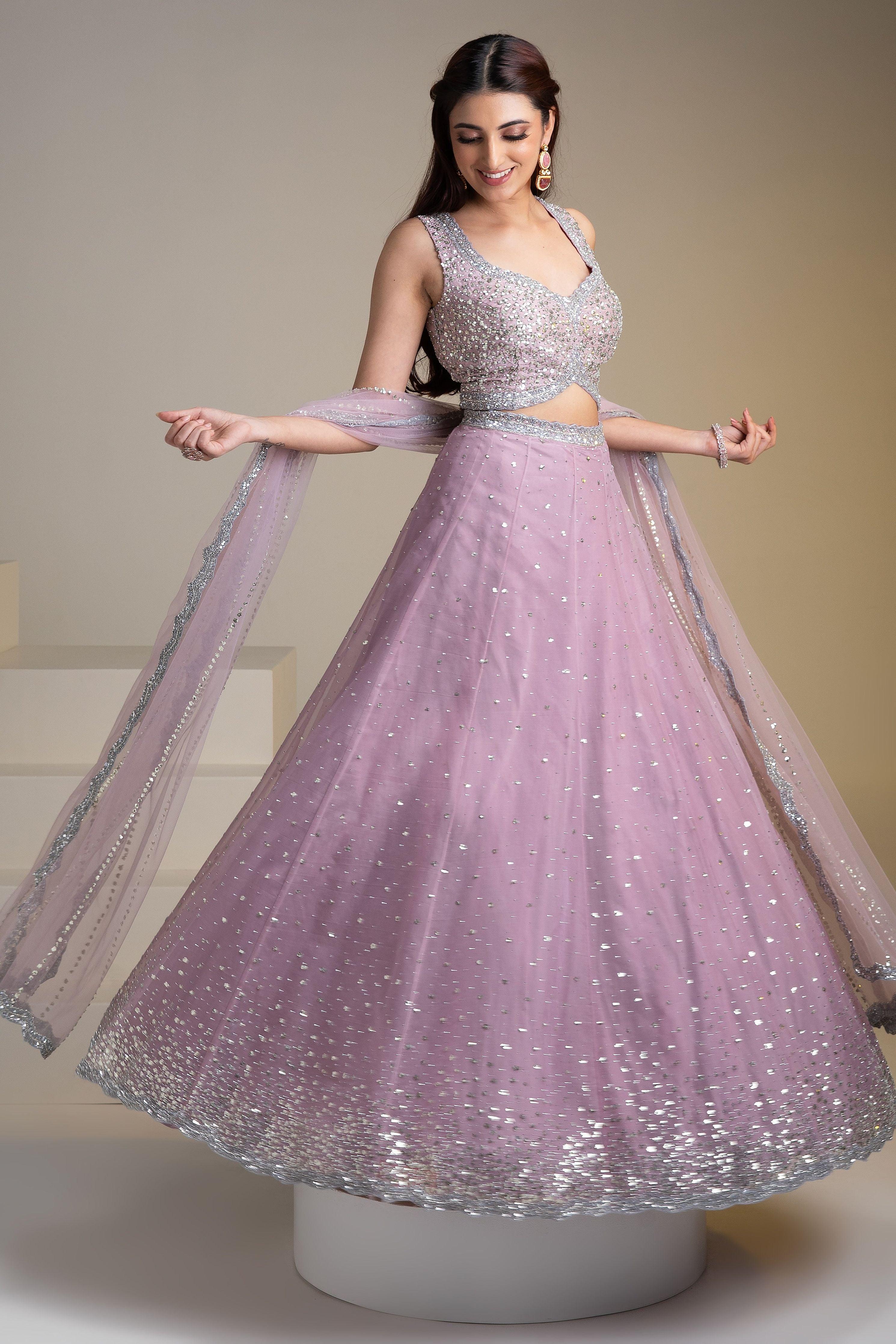 Mauve Organza Lehenga Set With Sequins And Delicate Embroidery - Mokshaa