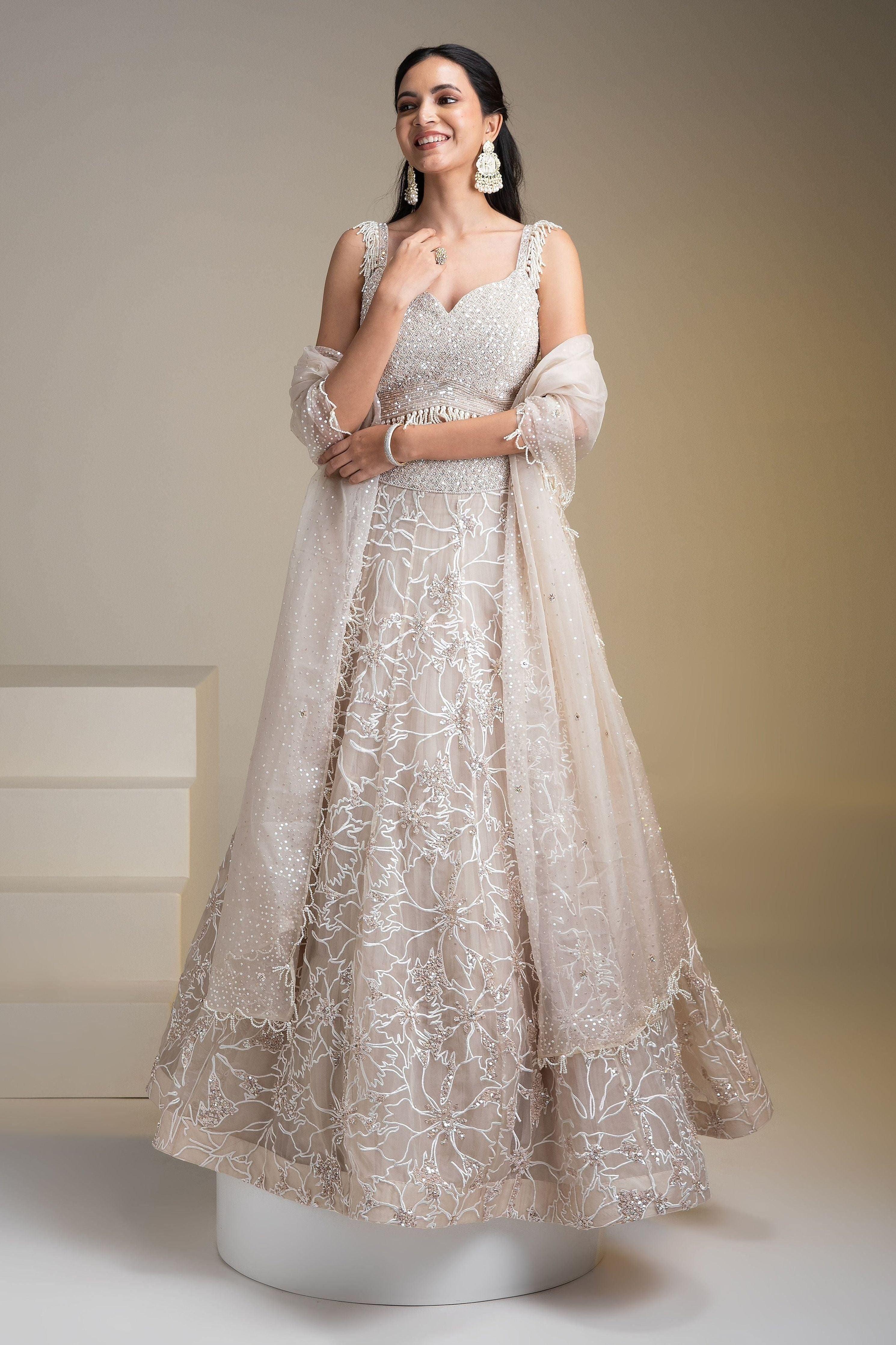 Ivory Organza Lehenga Set With Floral Embroidery And Sequins - Mokshaa