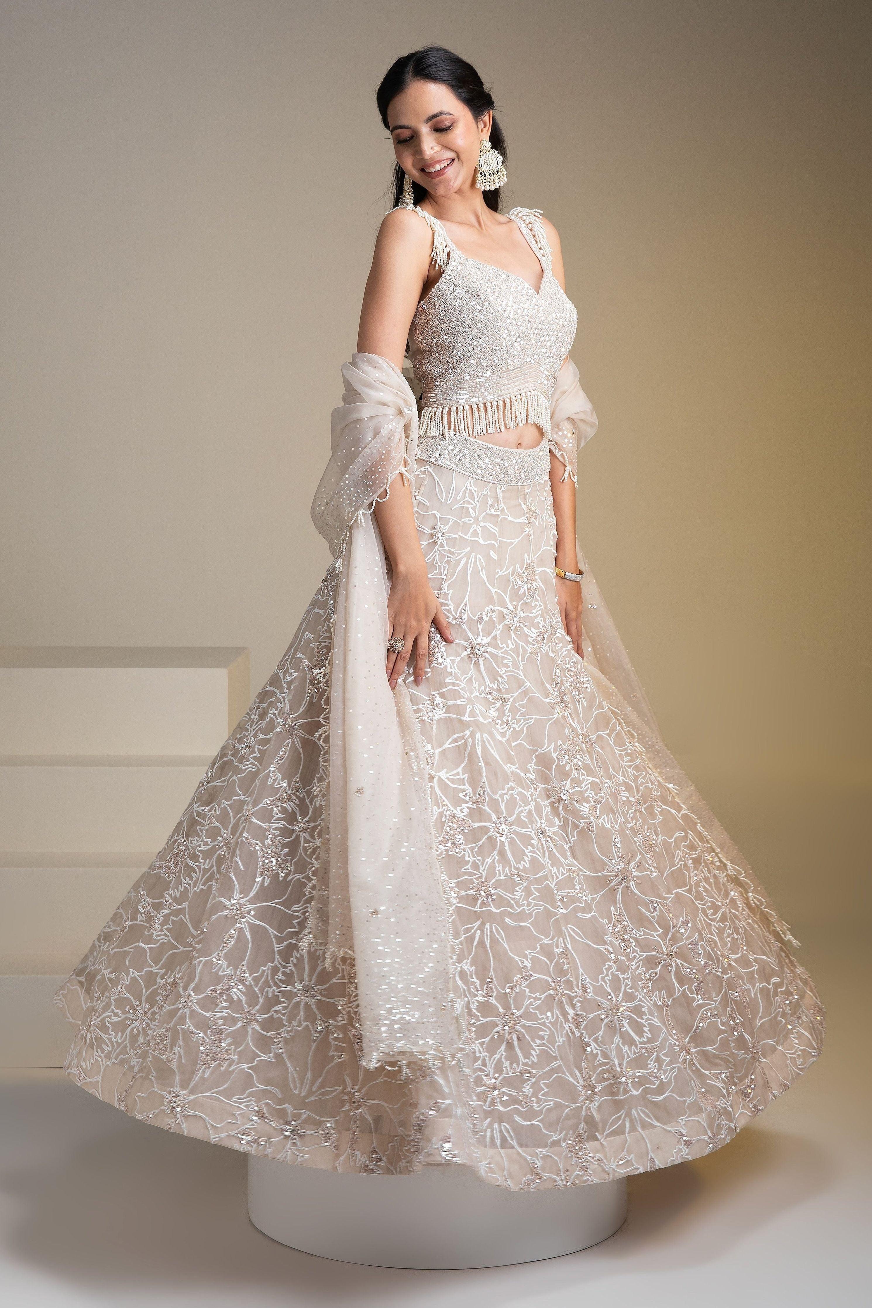 Ivory Organza Lehenga Set With Floral Embroidery And Sequins - Mokshaa