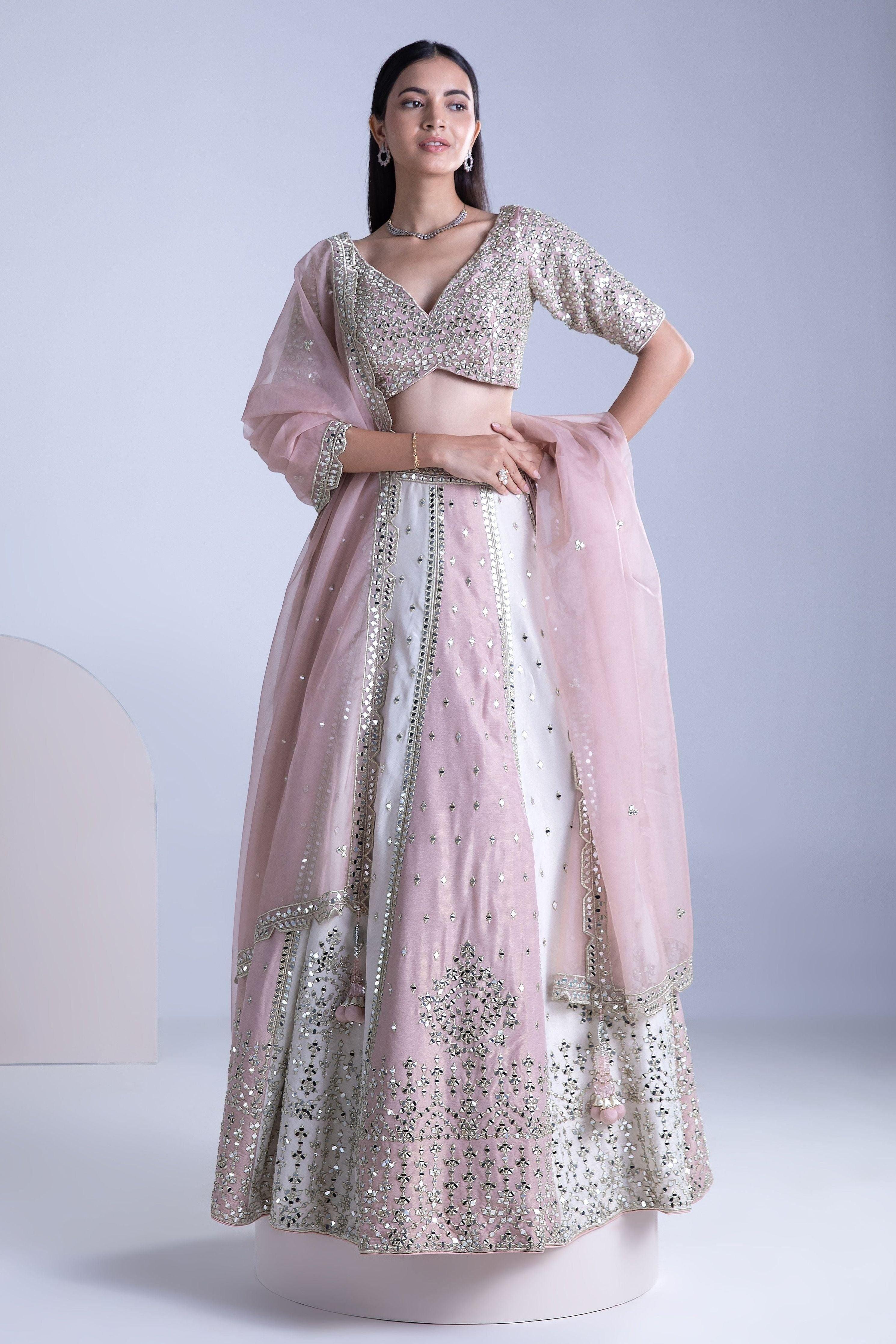 Ivory And Blossom Pink Silk Lehenga Set - Mokshaa