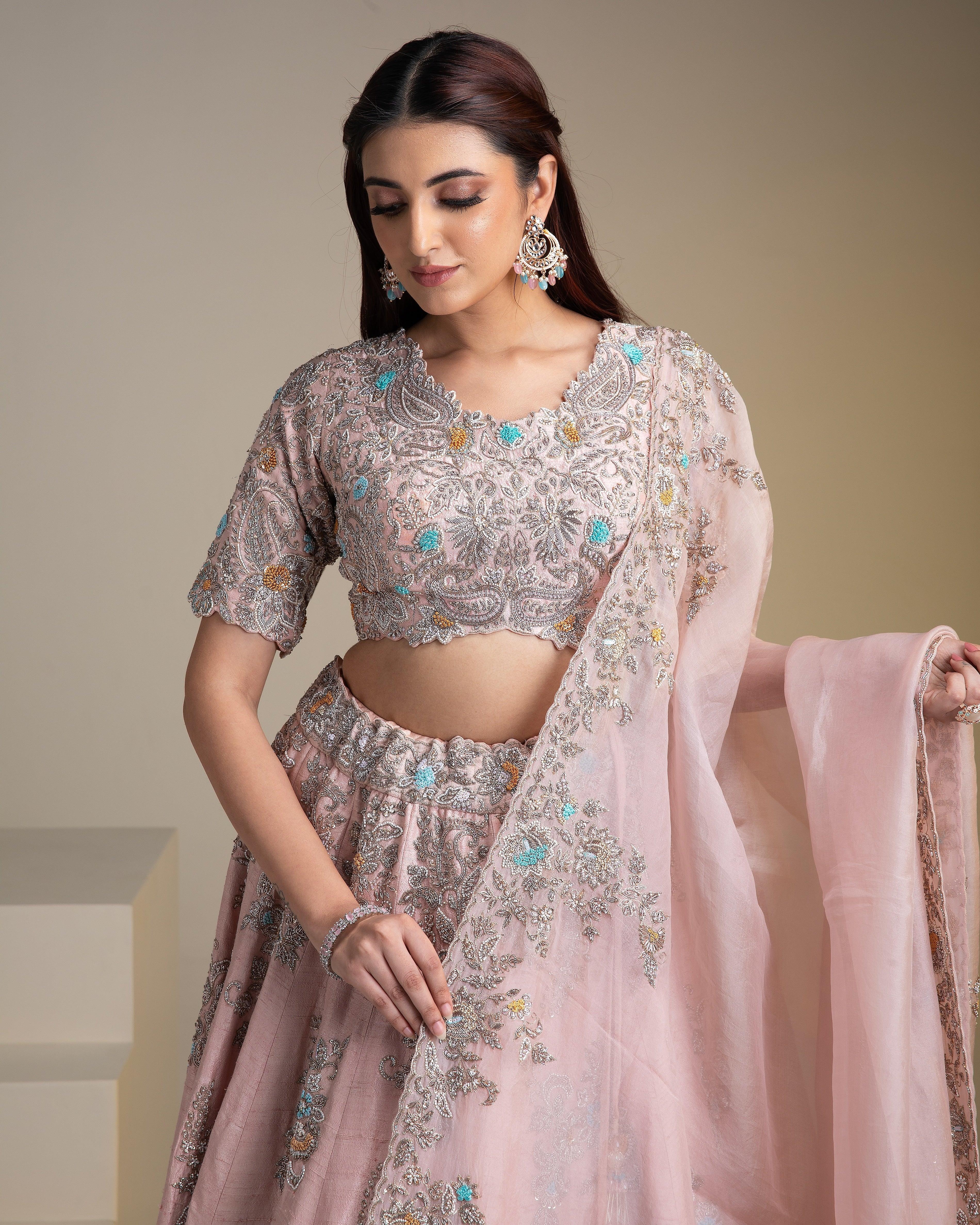 Dusty Pink Raw Silk Lehenga Set With Floral Embroidery - Mokshaa