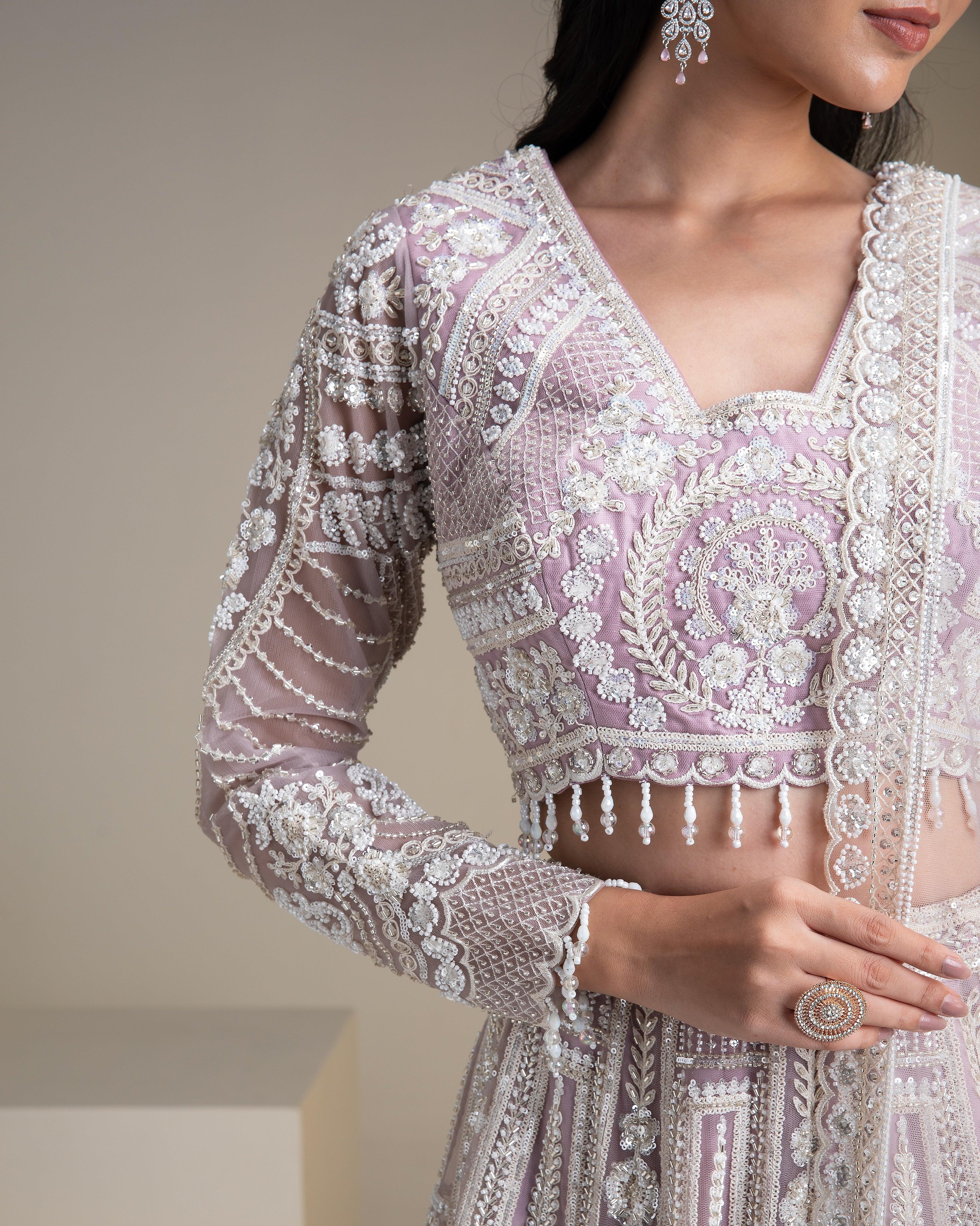 Lavender Net Lehenga Set With Chikankari Embroidery - Mokshaa