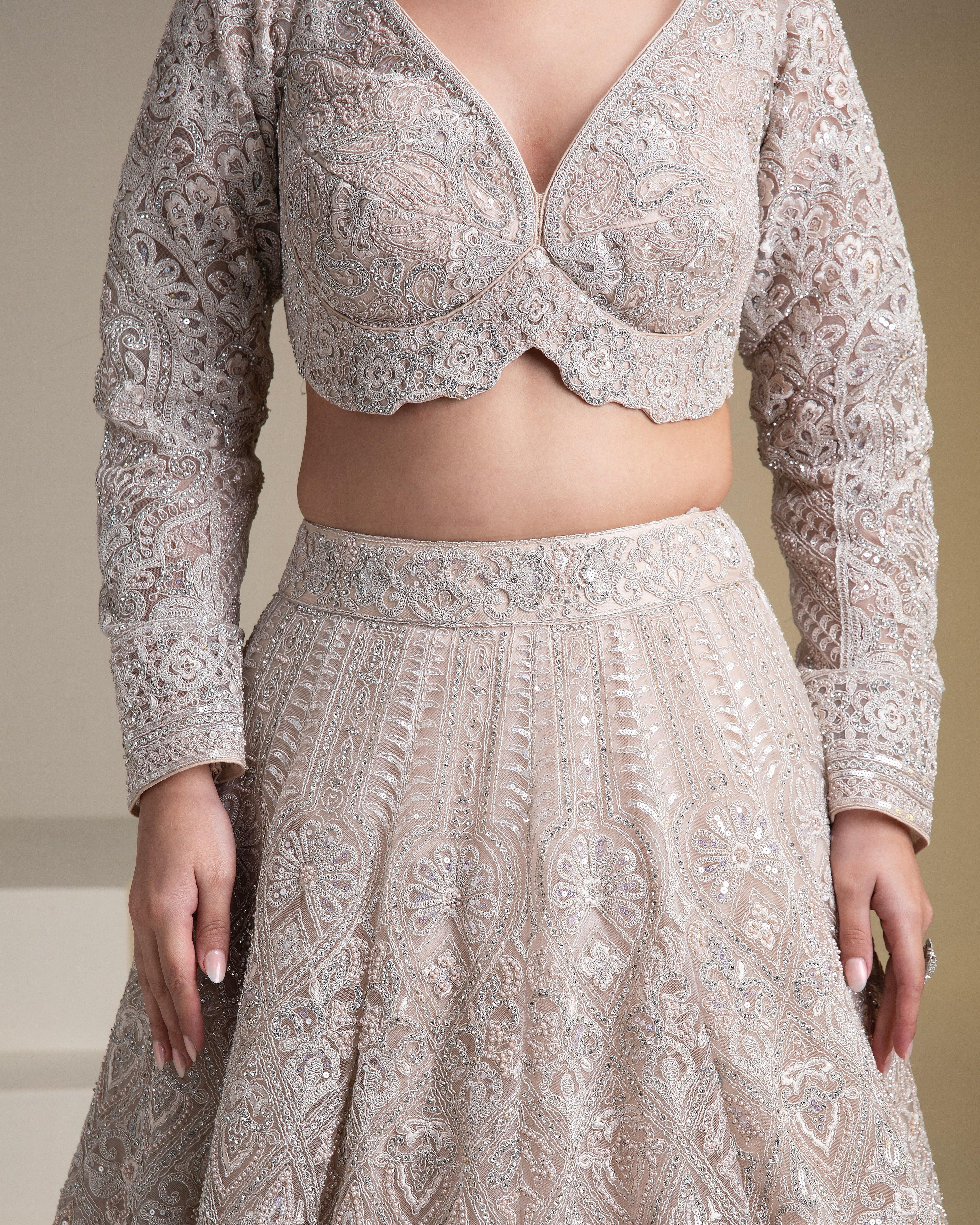 Ivory Net Lehenga Set With Chikankari Embroidery And Sequins - Mokshaa