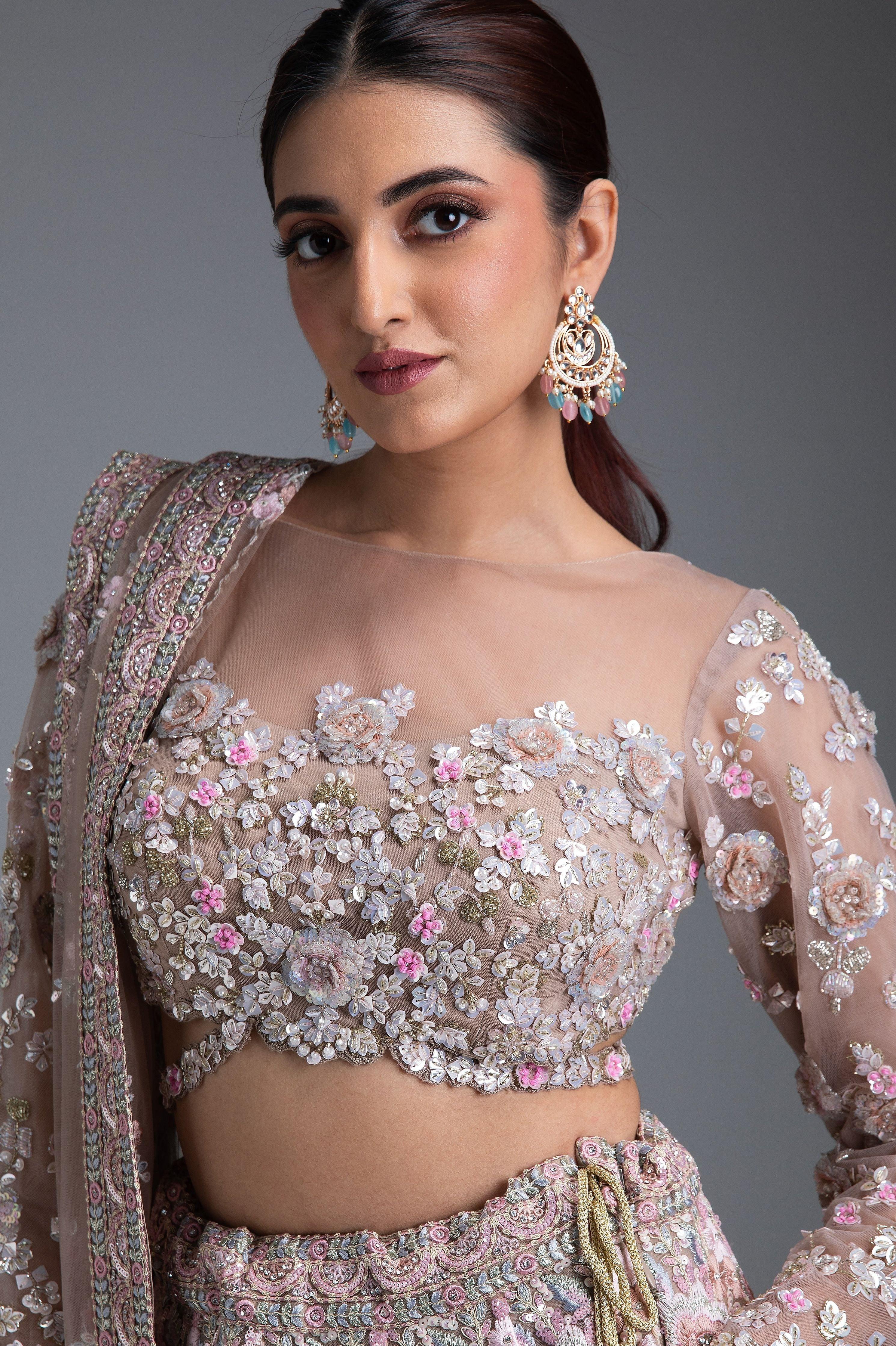 Beige Net Lehenga With Floral Embroidery And Sequin Detailing - Mokshaa