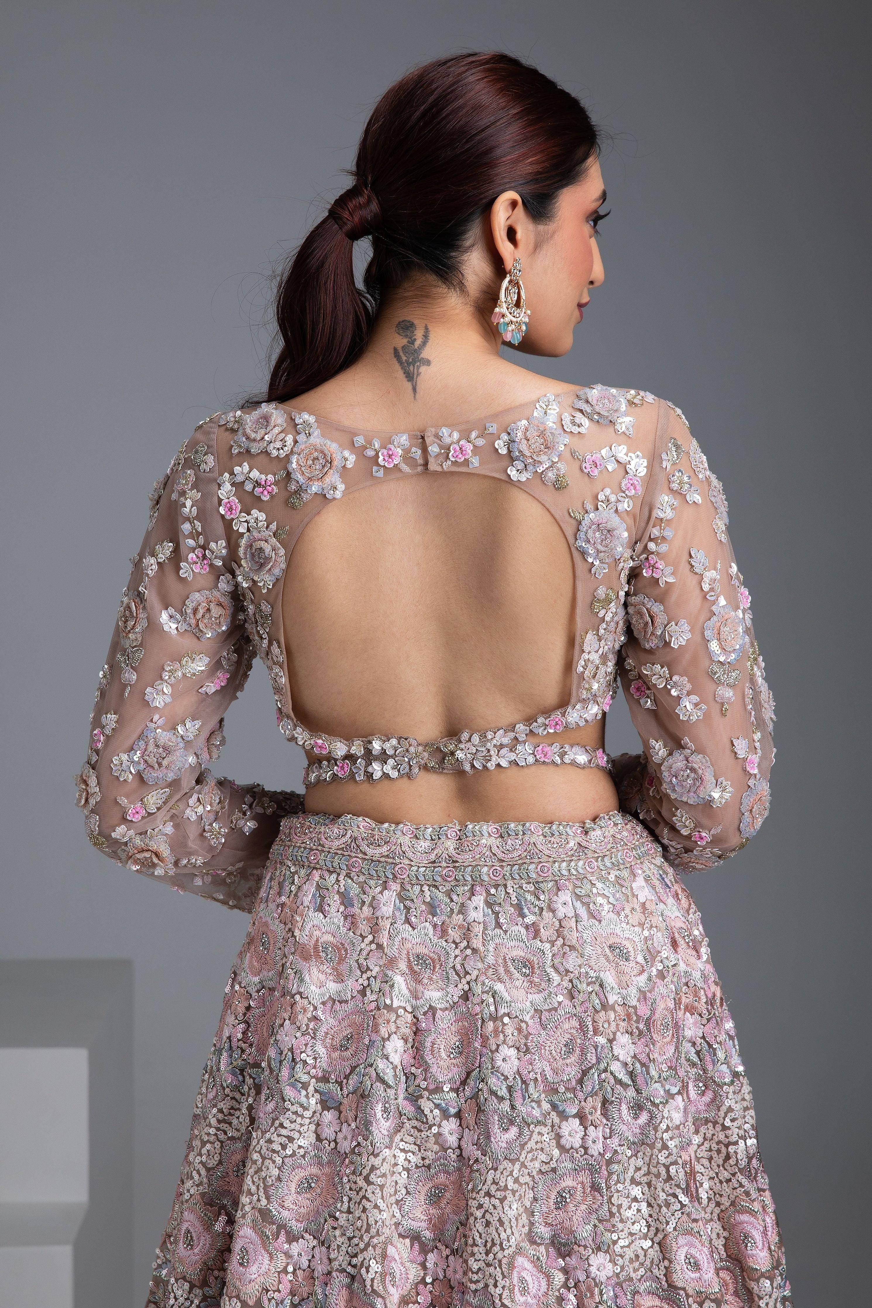 Beige Net Lehenga With Floral Embroidery And Sequin Detailing - Mokshaa