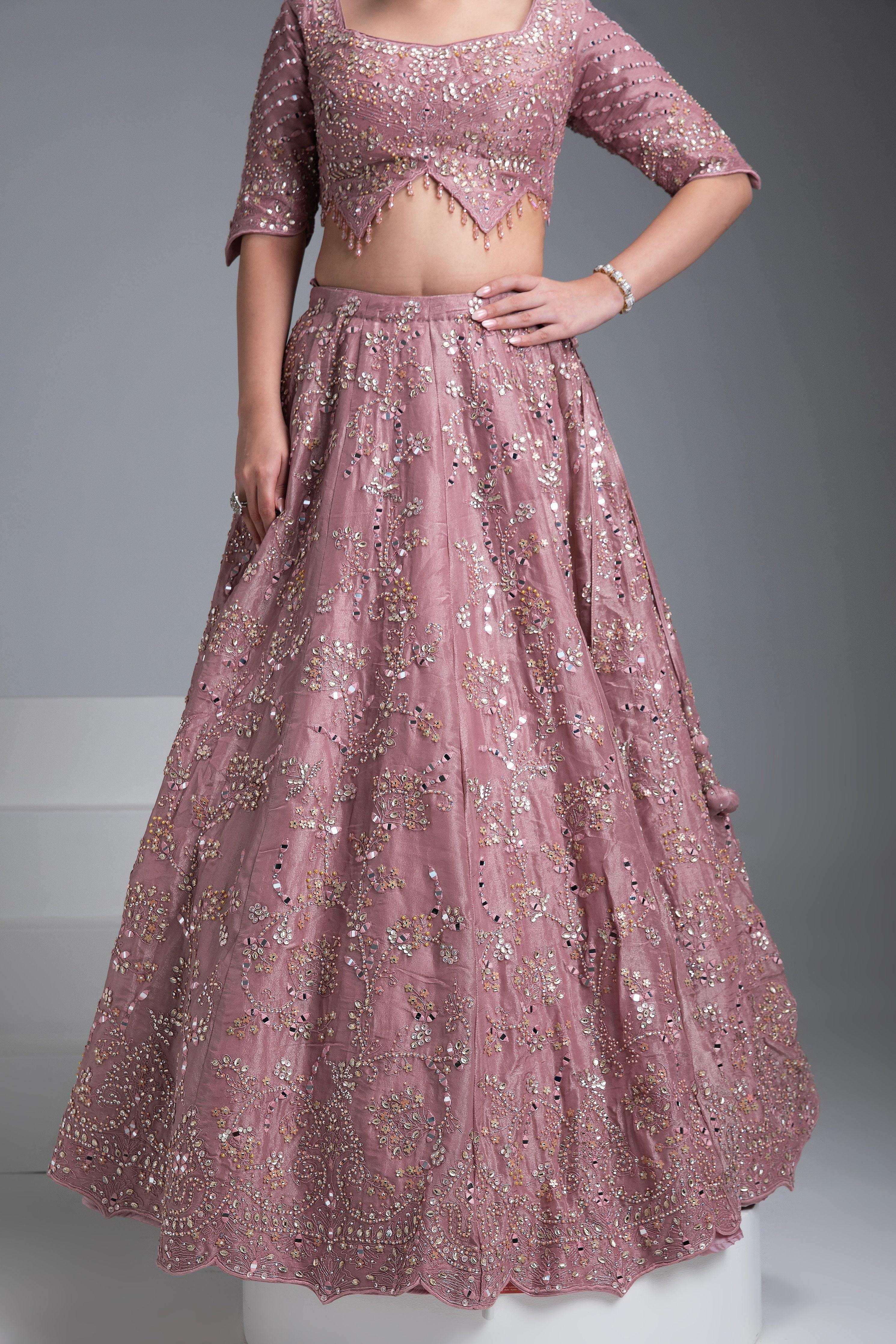 Dusty Rose Silk Lehenga With Mirror Detailing And Floral Embroidery - Mokshaa
