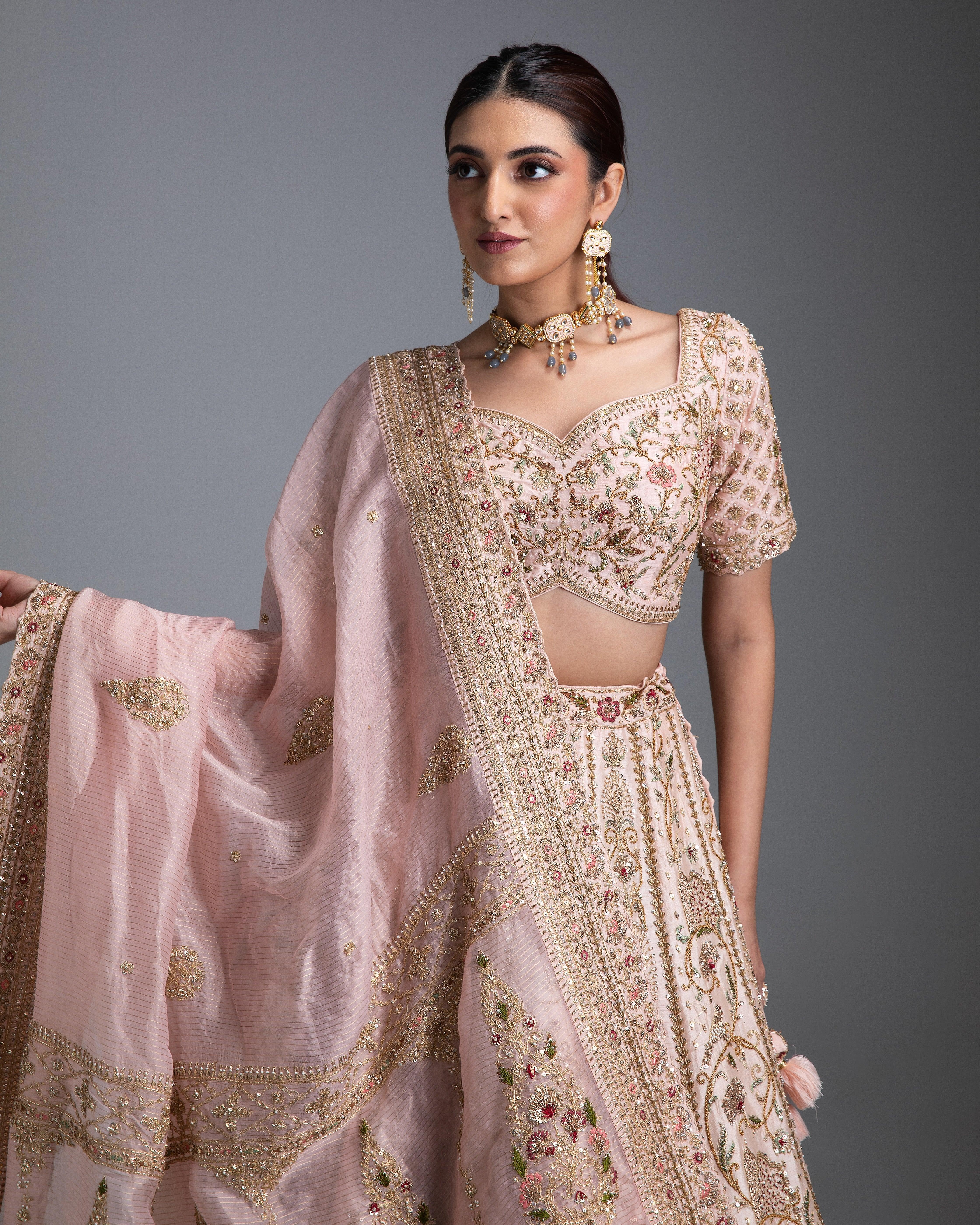Pastel Pink Double Dupatta Lehenga Set - Mokshaa