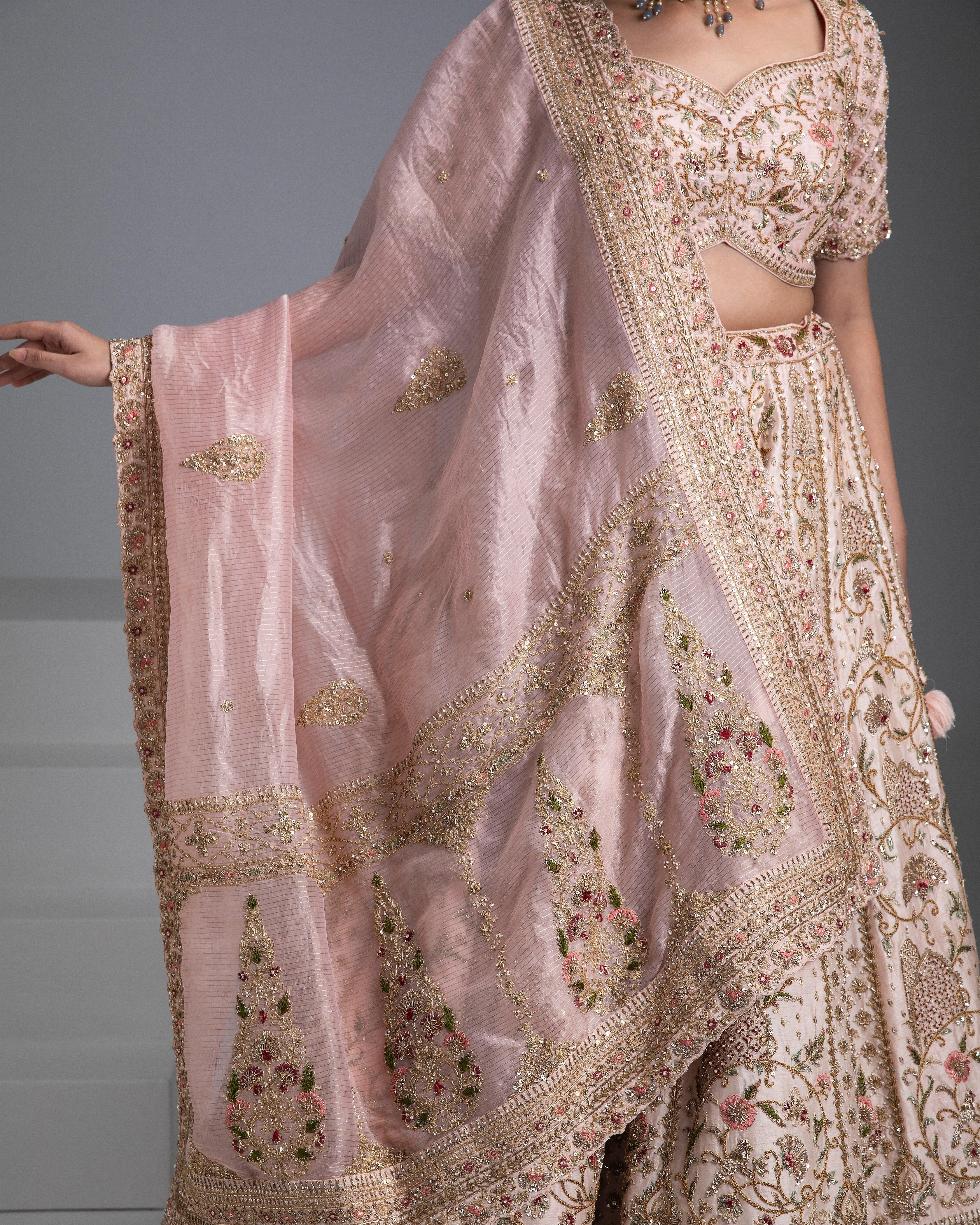 Pastel Pink Double Dupatta Lehenga Set - Mokshaa