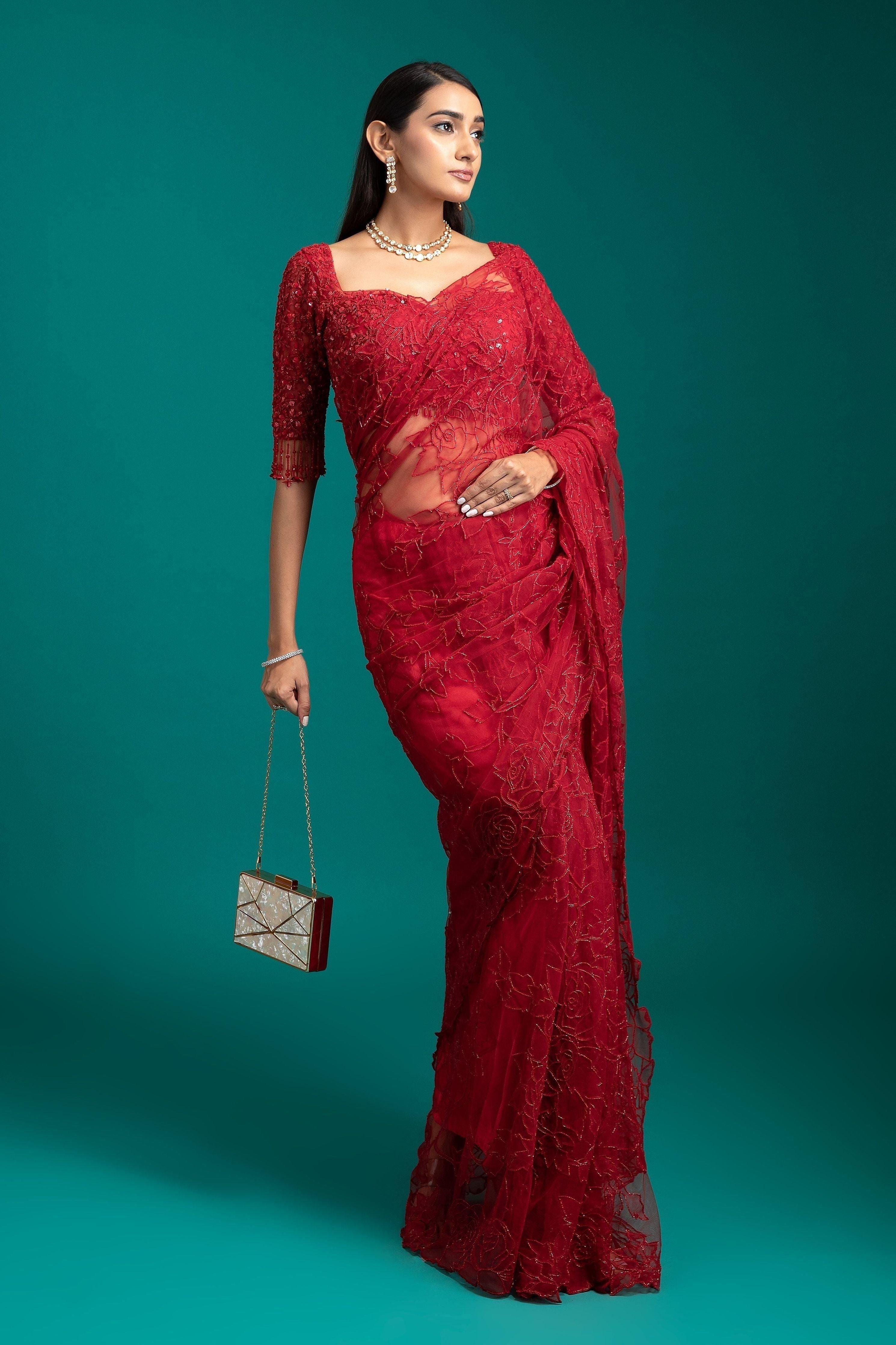 Exquisite Red Net Saree - Mokshaa