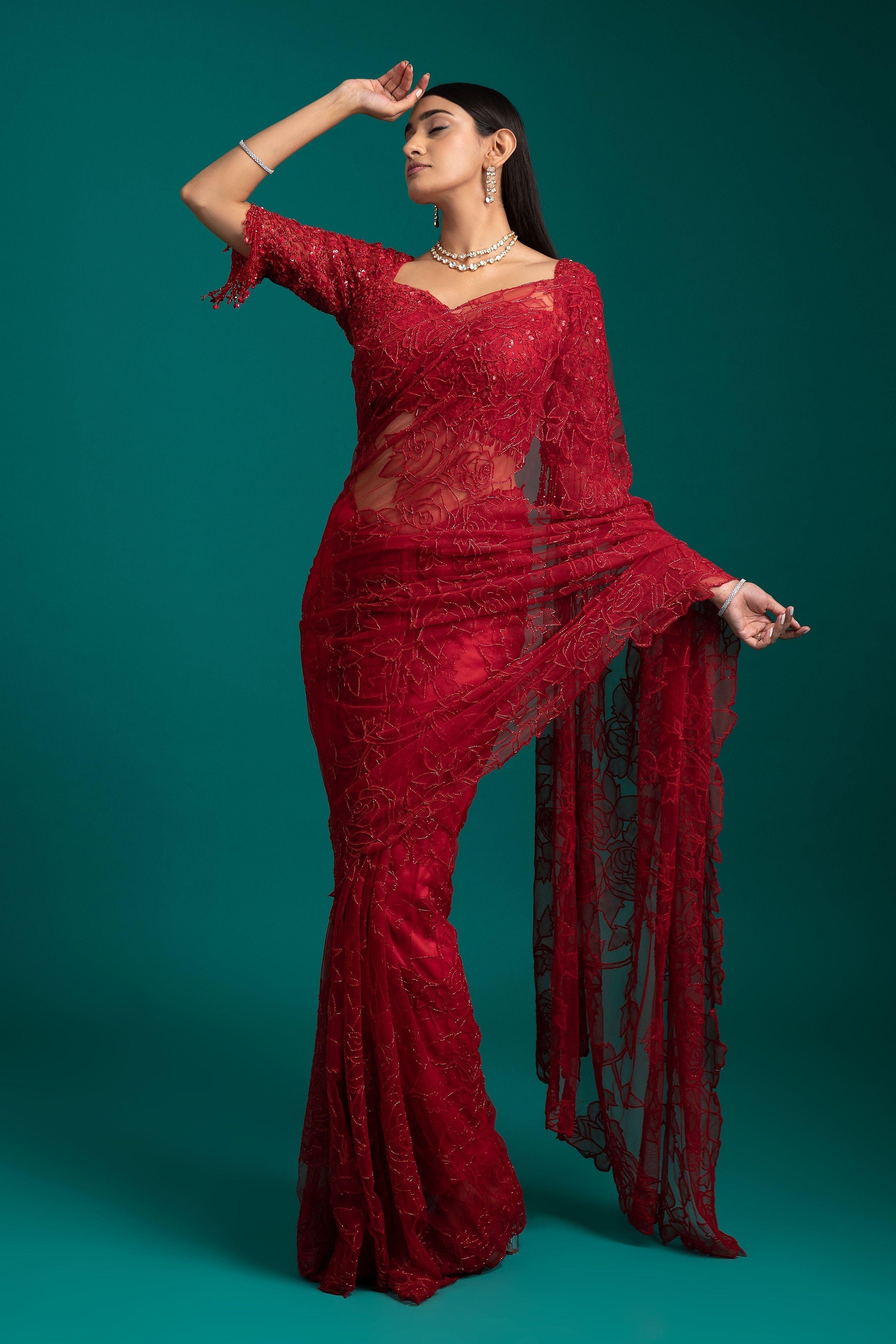 Exquisite Red Net Saree - Mokshaa