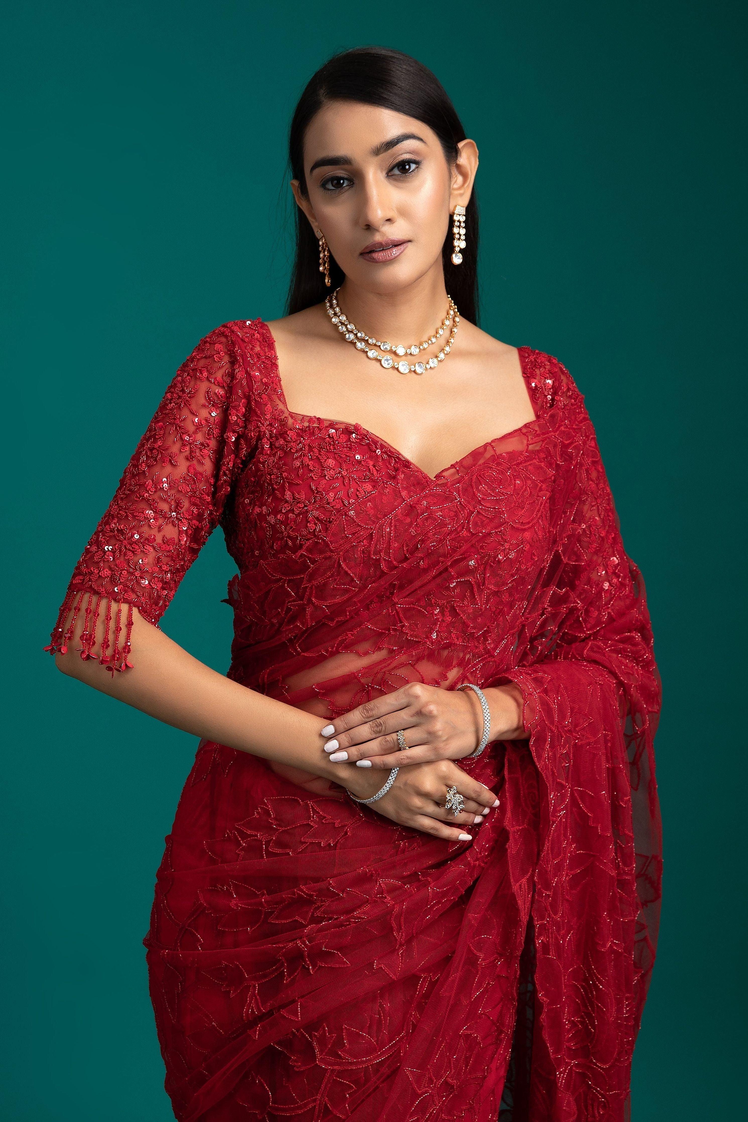 Exquisite Red Net Saree - Mokshaa