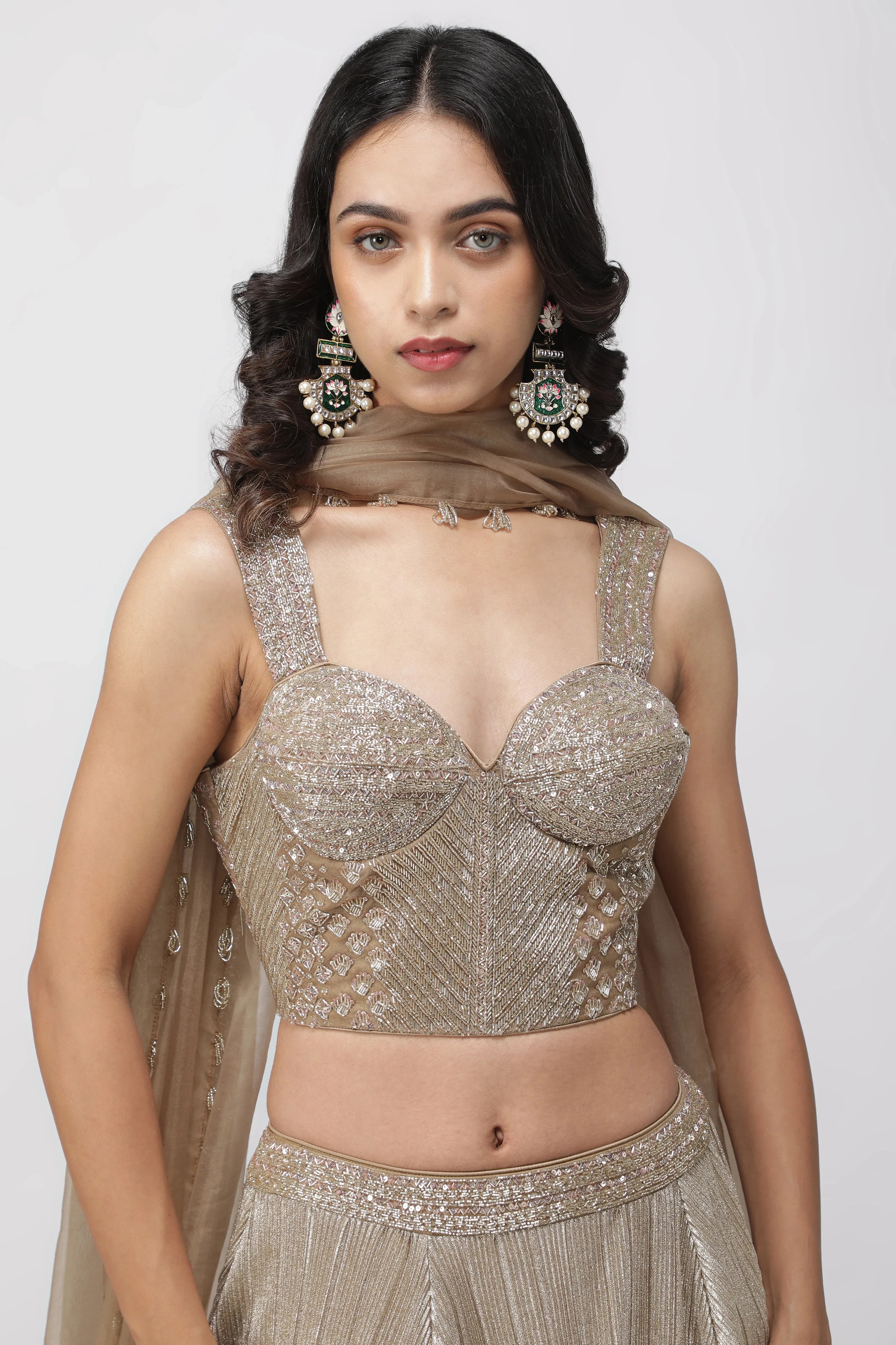 Dark Gold Crush Lehenga with Corset Blouse - Mokshaa