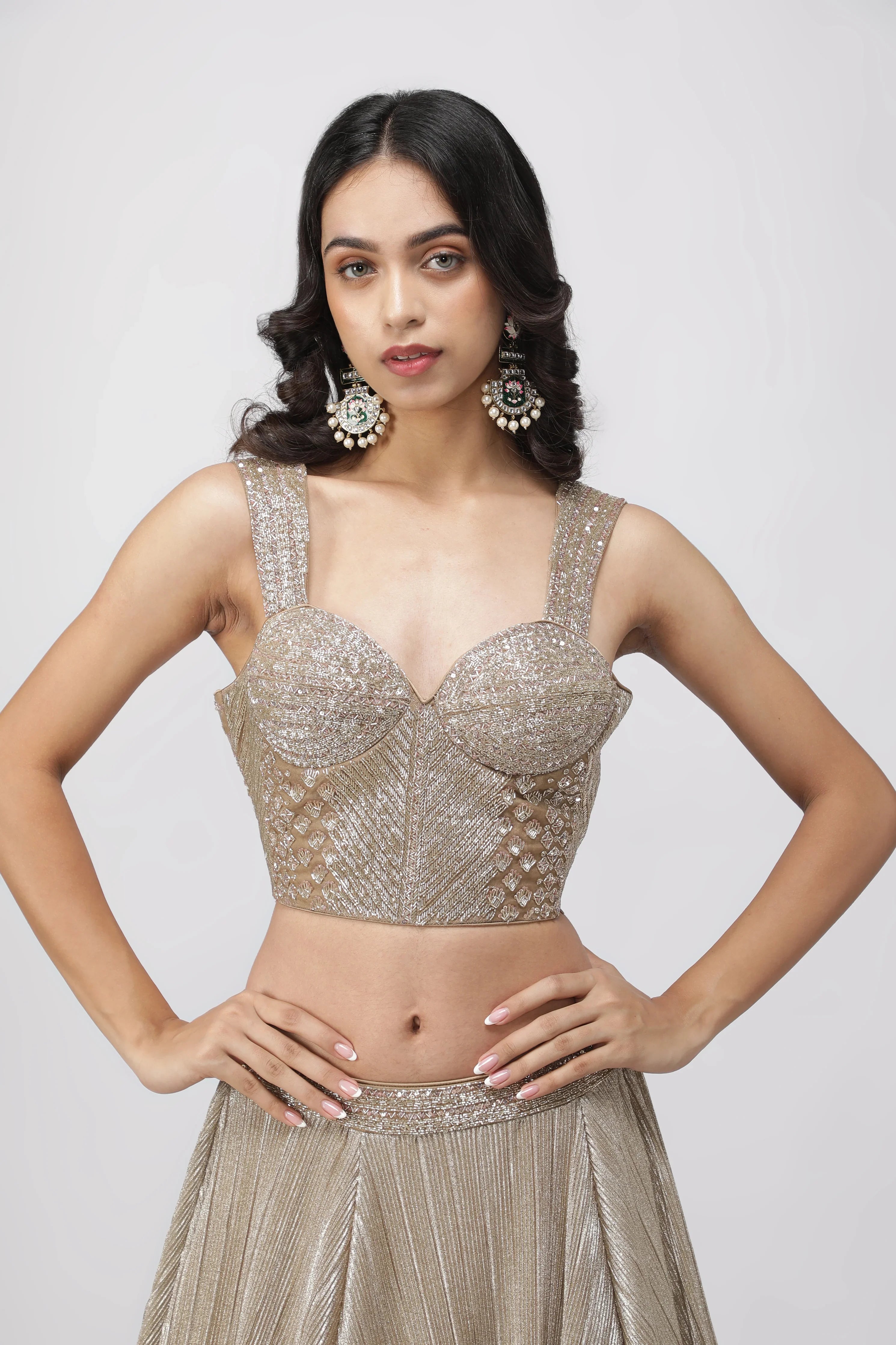 Dark Gold Crush Lehenga with Corset Blouse - Mokshaa