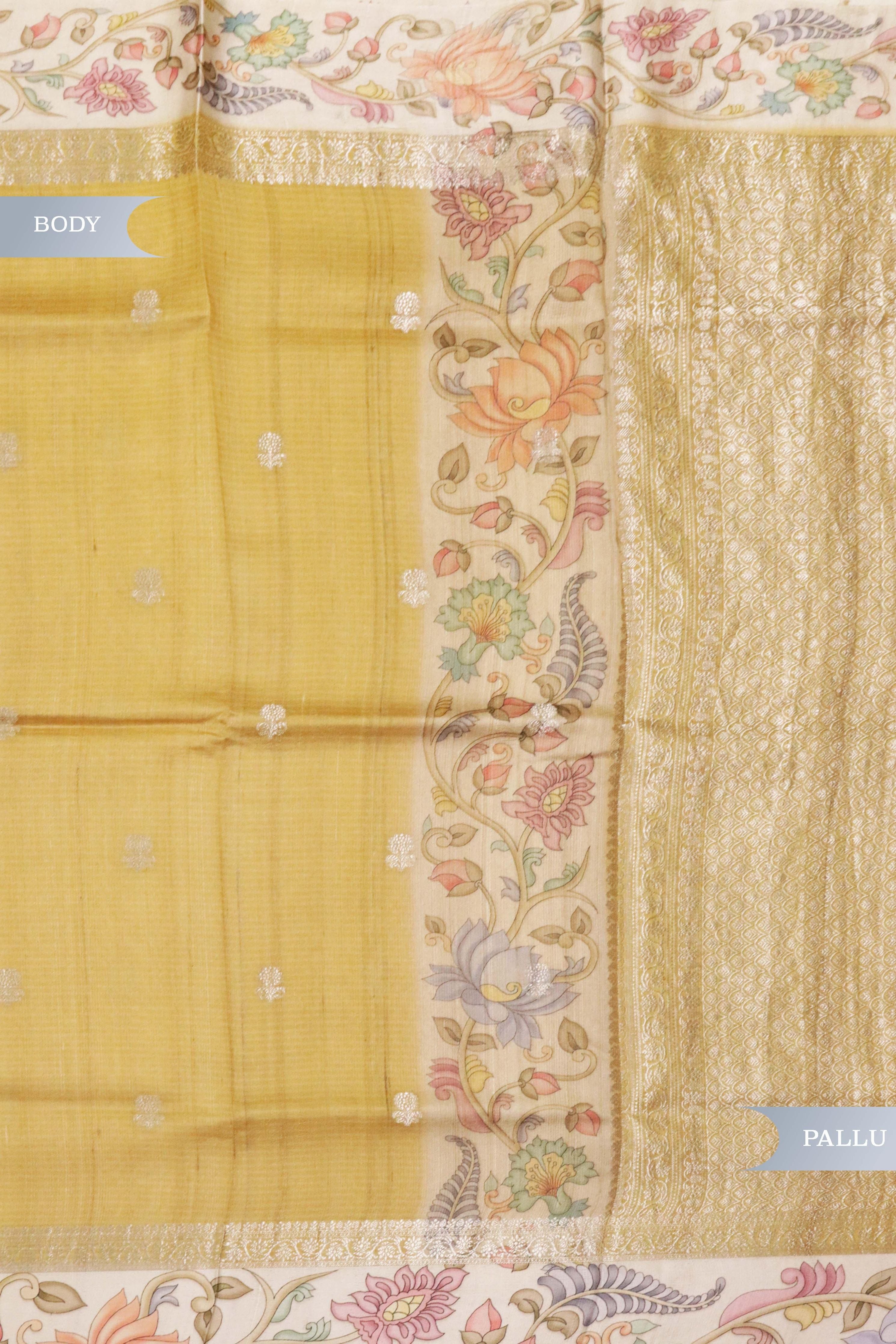Banaras Tussar Silk Saree in Golden with Zari Motifs & Kalamkari Border - Mokshaa