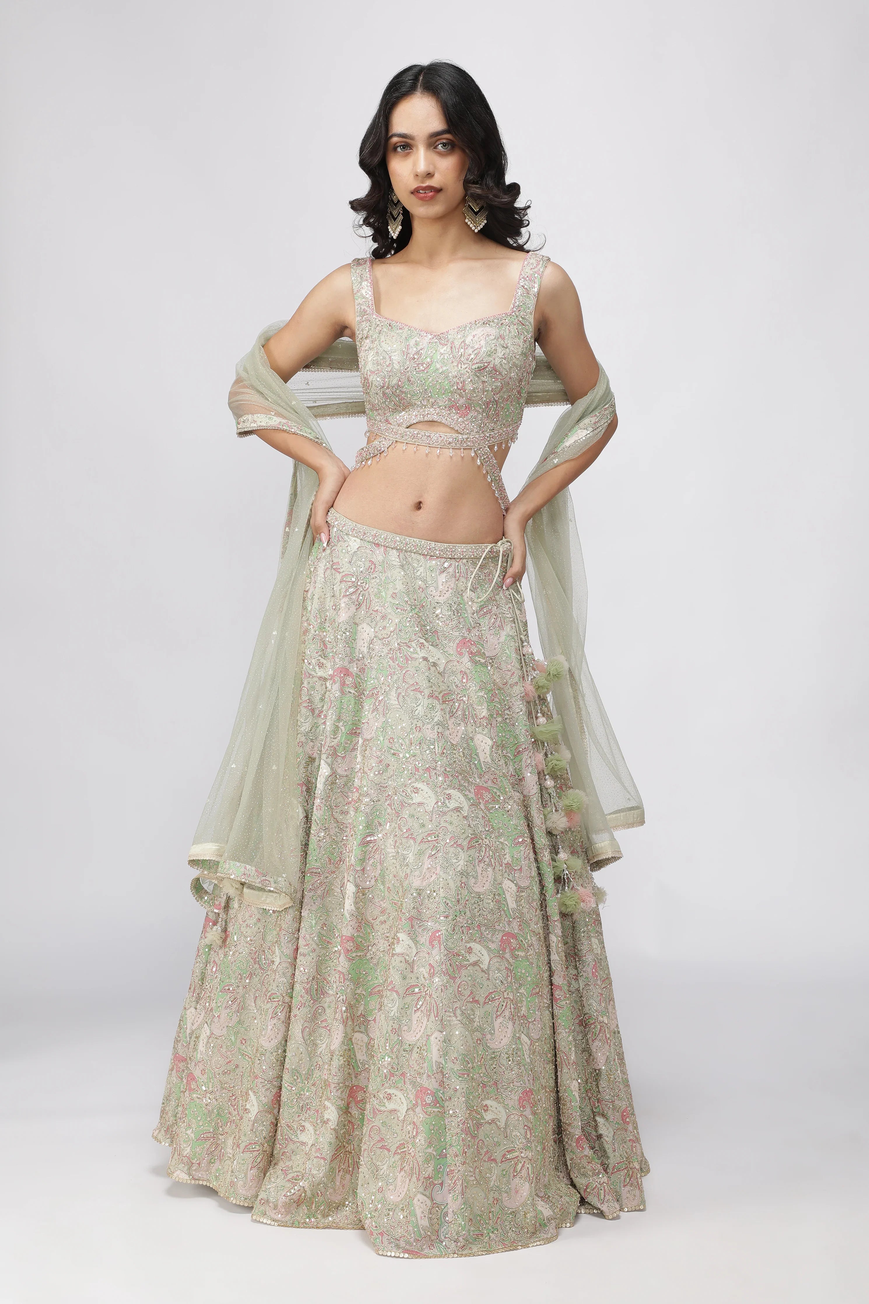 Pastel Green Printed Georgette Lehenga Set with Embellished Blouse - Mokshaa