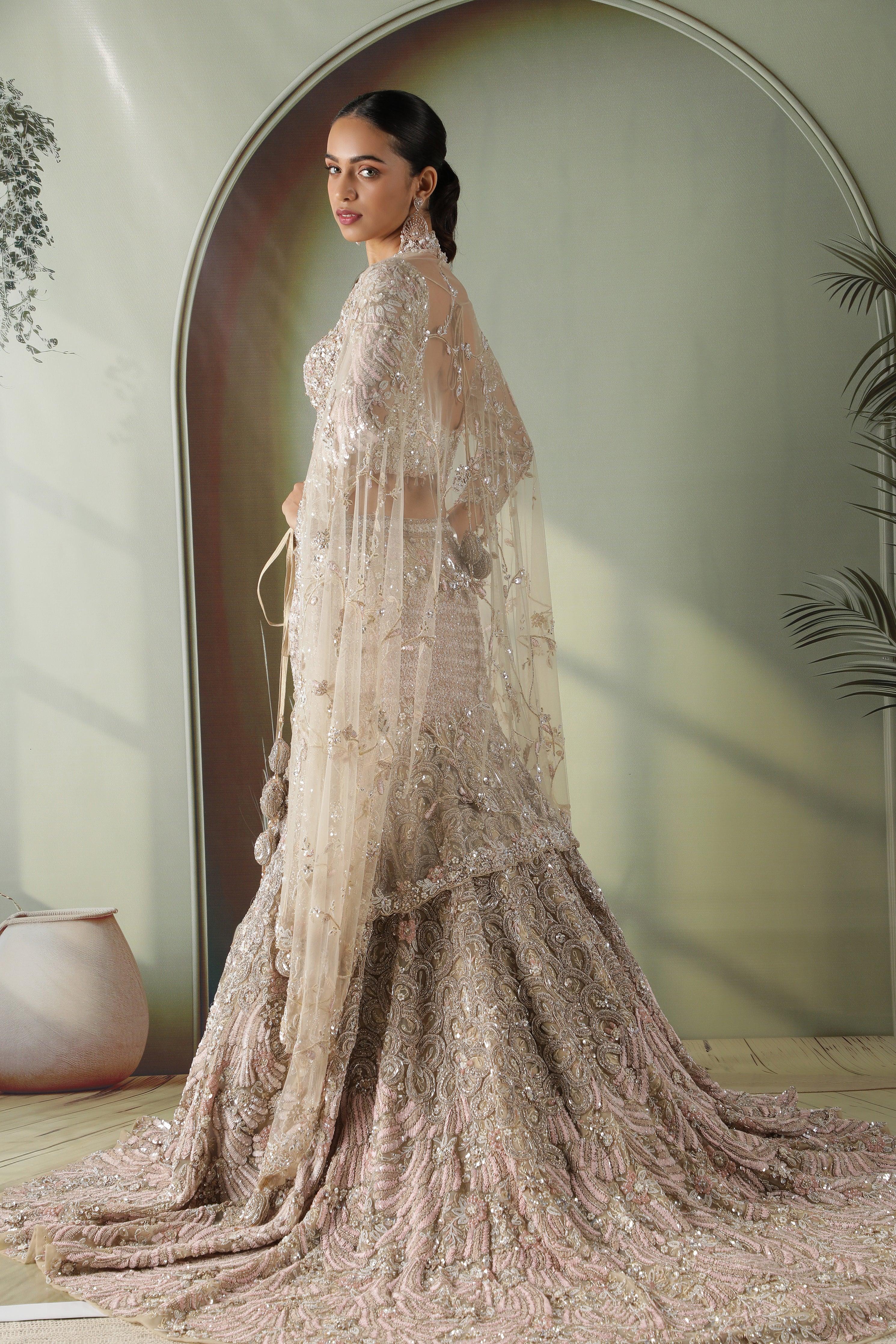 Beige Gold Mermaid Cut Bridal Lehenga Set with Trail - Mokshaa
