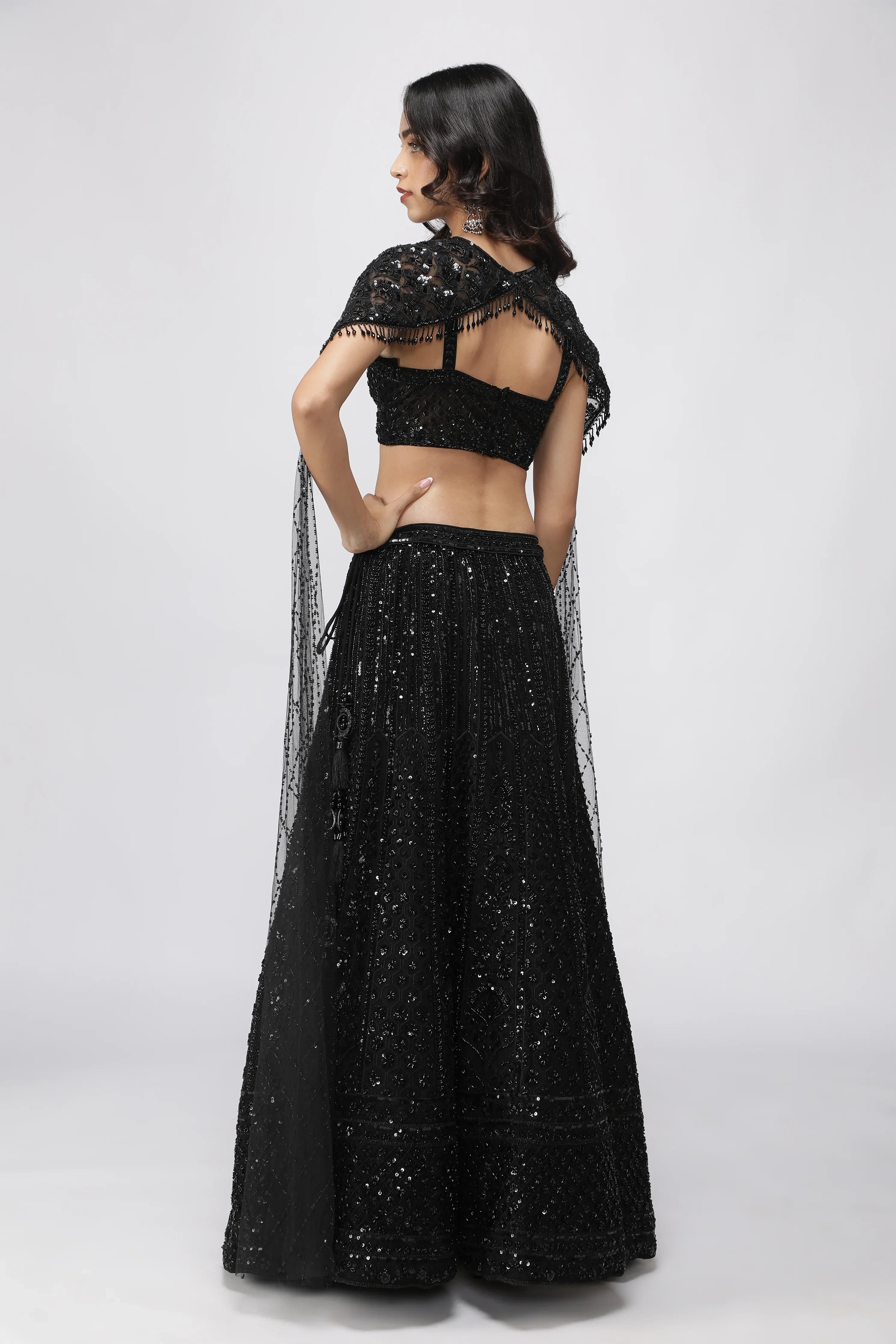 Black Net Embroidered Lehenga Set with Cape Dupatta - Mokshaa