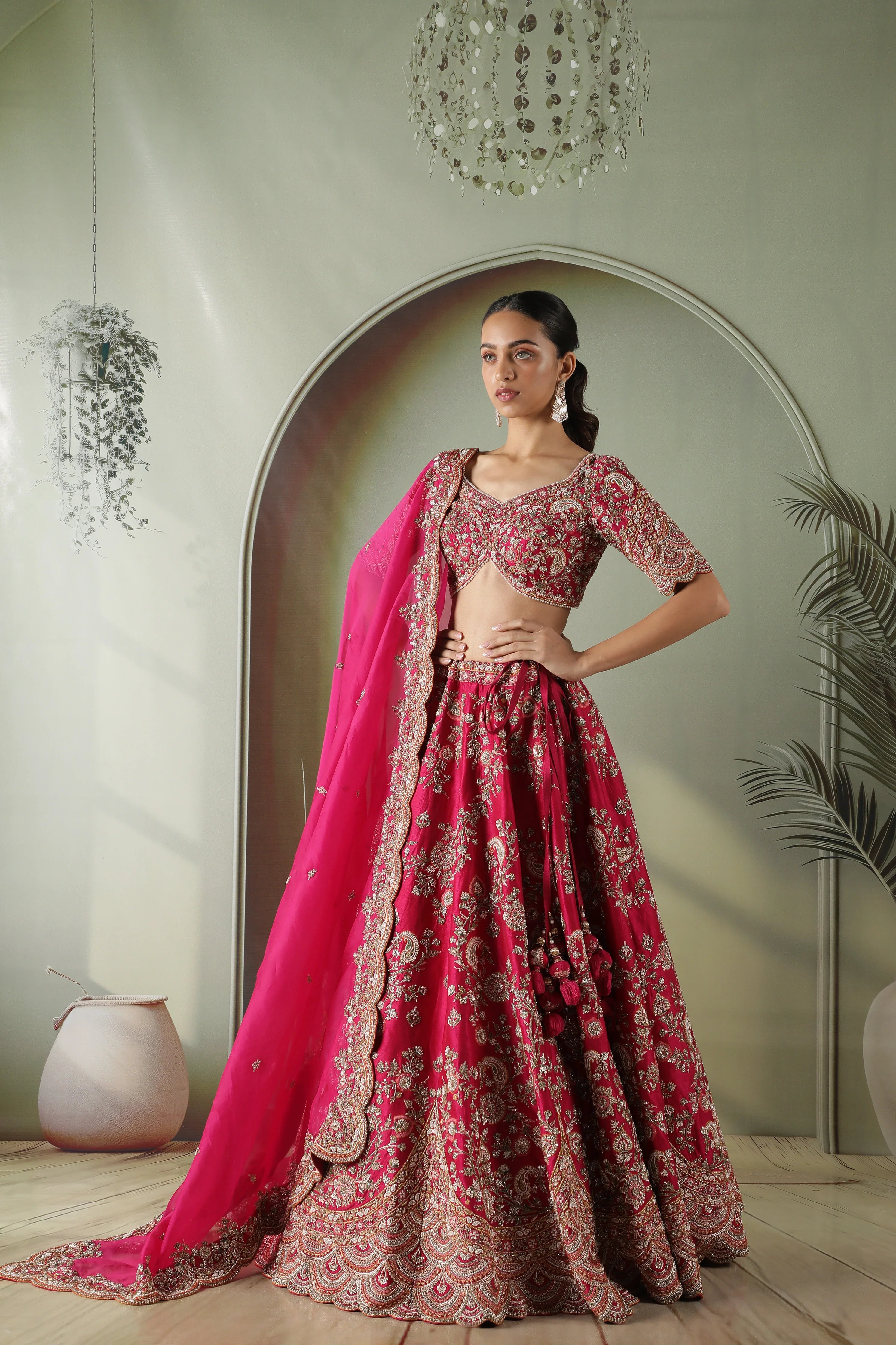 Pink Raw Silk Bridal Lehenga with Organza Dupatta - Mokshaa