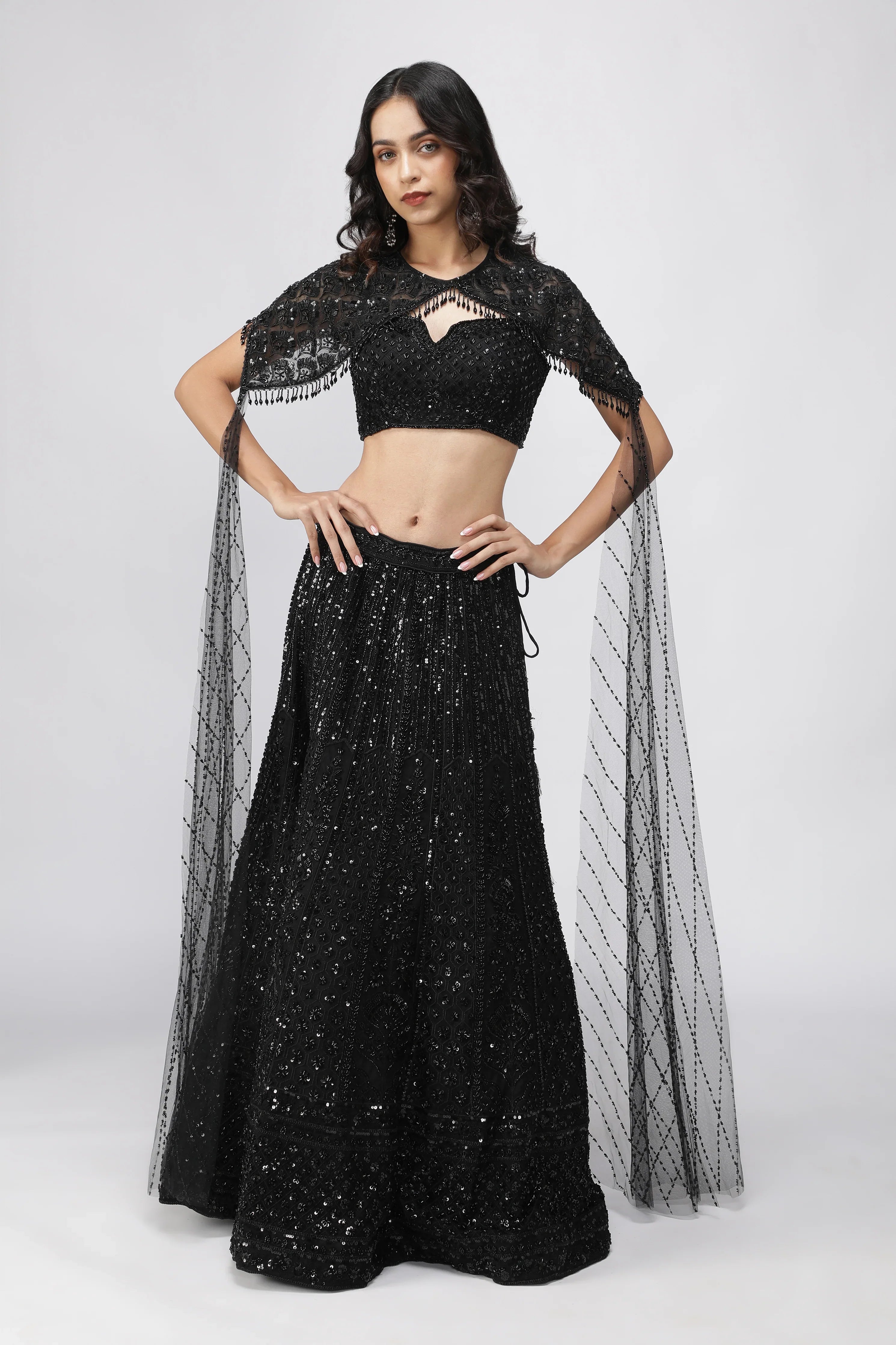 Black Net Embroidered Lehenga Set with Cape Dupatta - Mokshaa