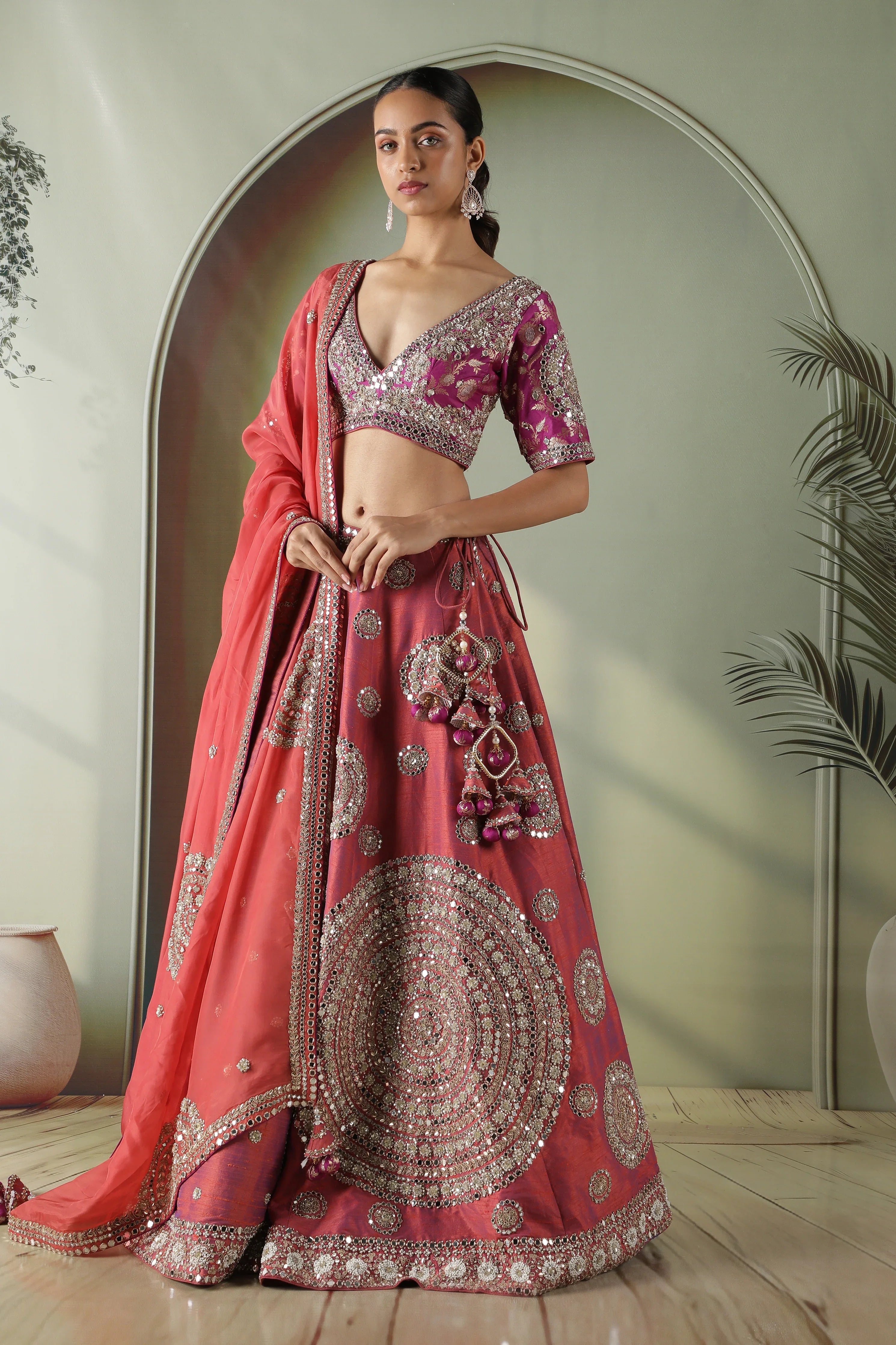 Dark Coral Raw Silk Mirror Work Lehenga Set - Mokshaa