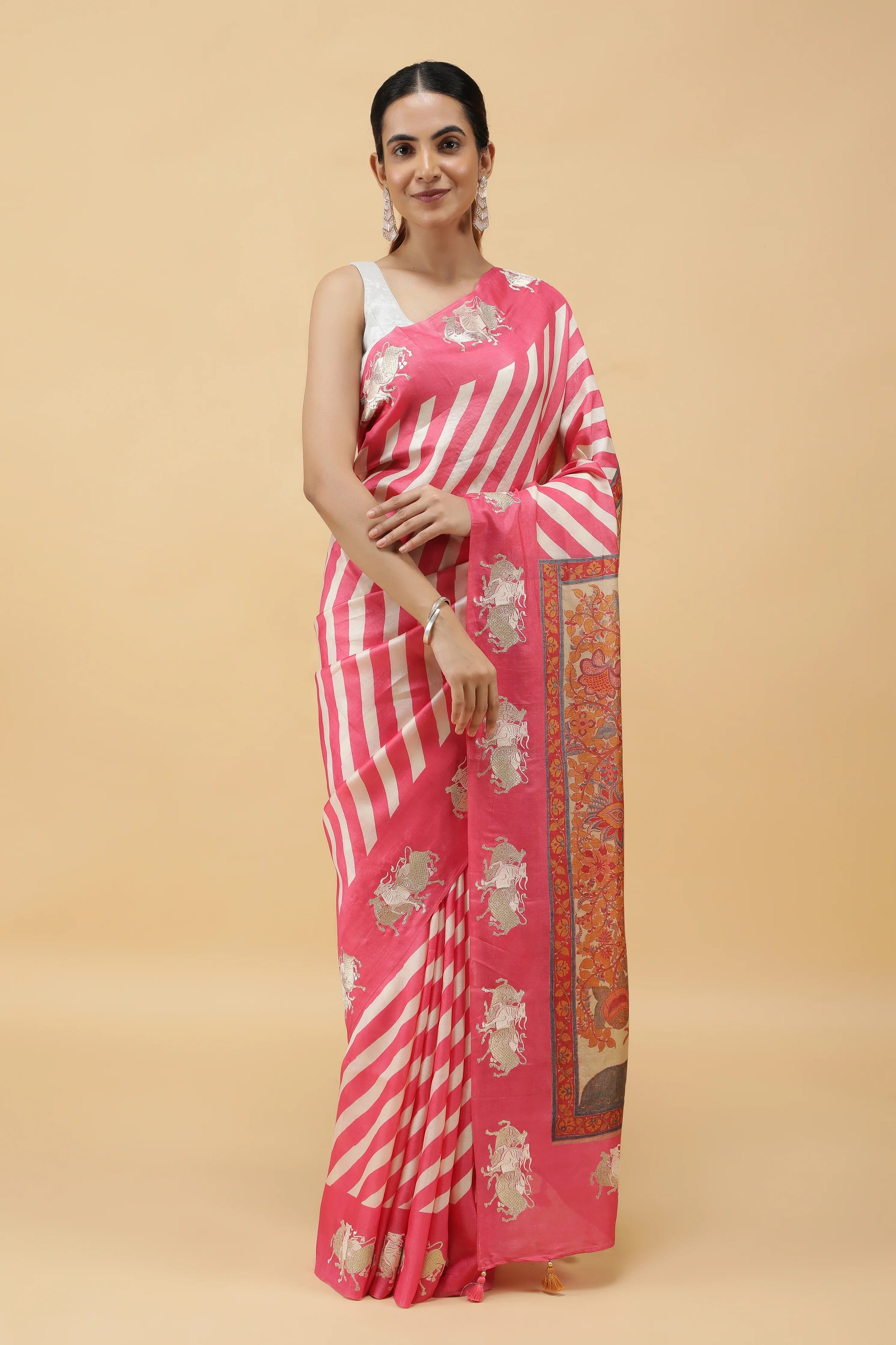 Pink & Off-White Tussar Silk Saree with Zari Motifs and Kalamkari Pallu - Mokshaa