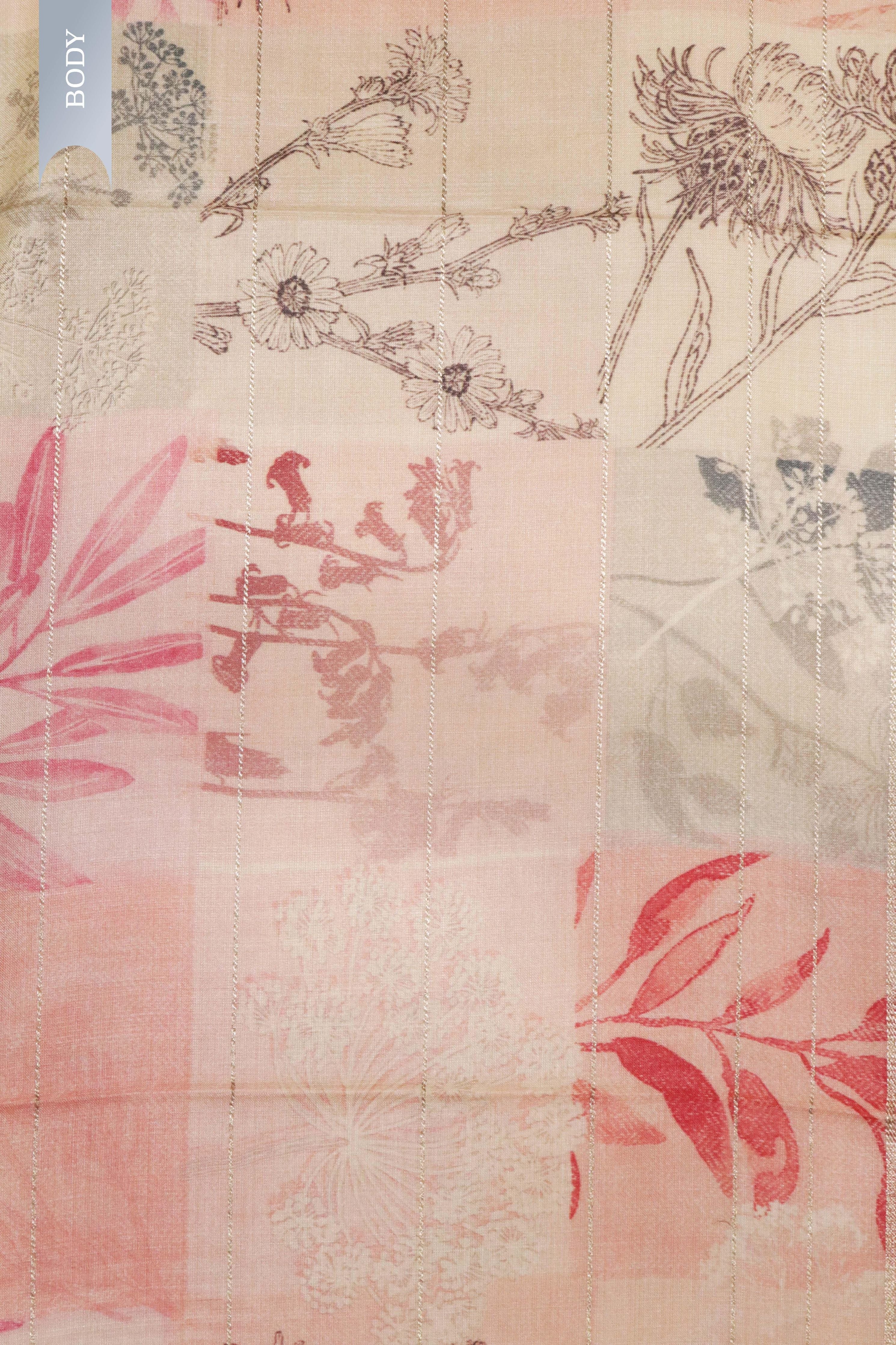 Peach Tussar Silk Saree with Golden Stripes & Printed Motifs - Mokshaa
