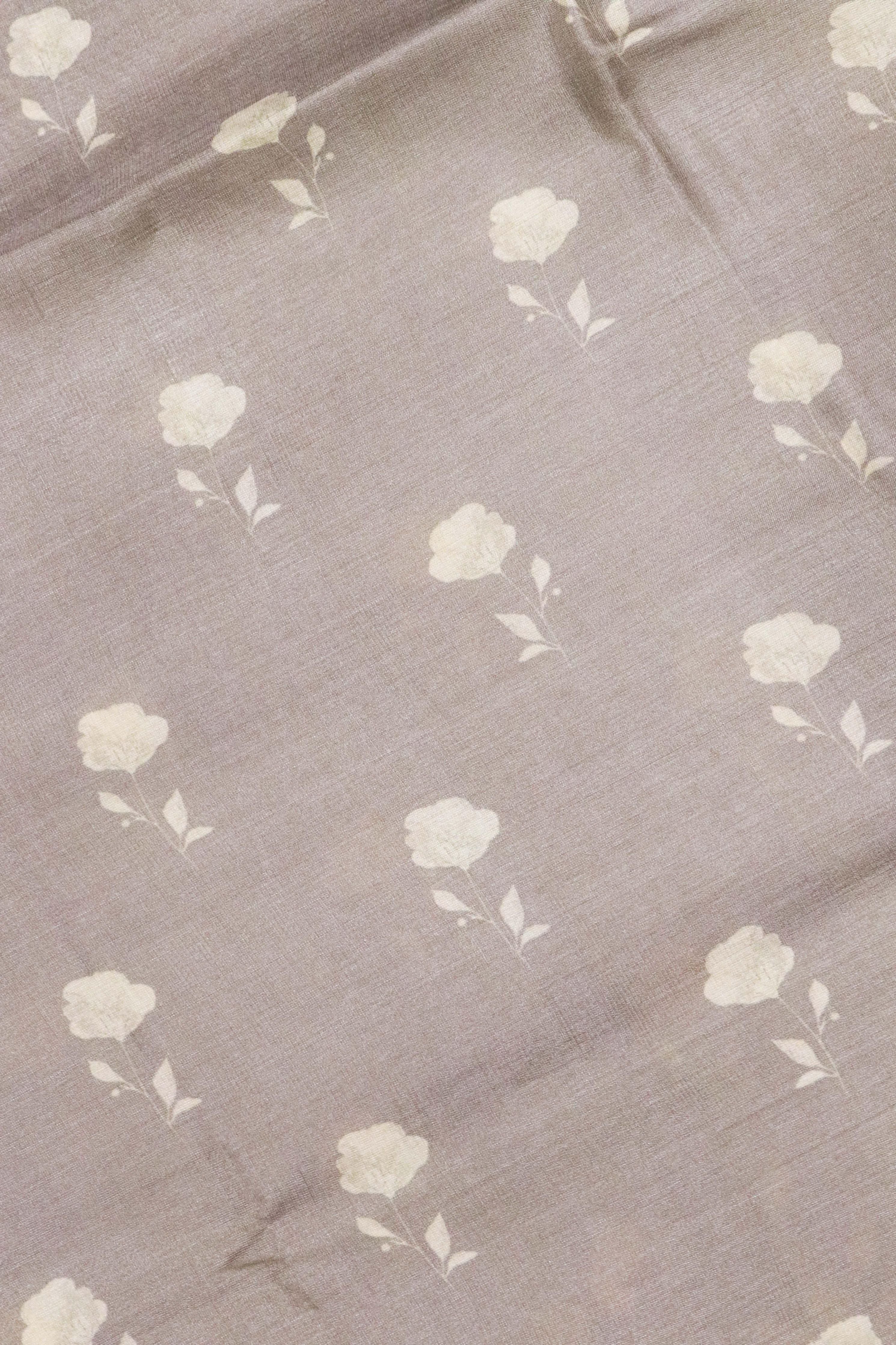 Dust Grey Tussar Silk Saree with All-Over Floral Print and Woven Border - Mokshaa