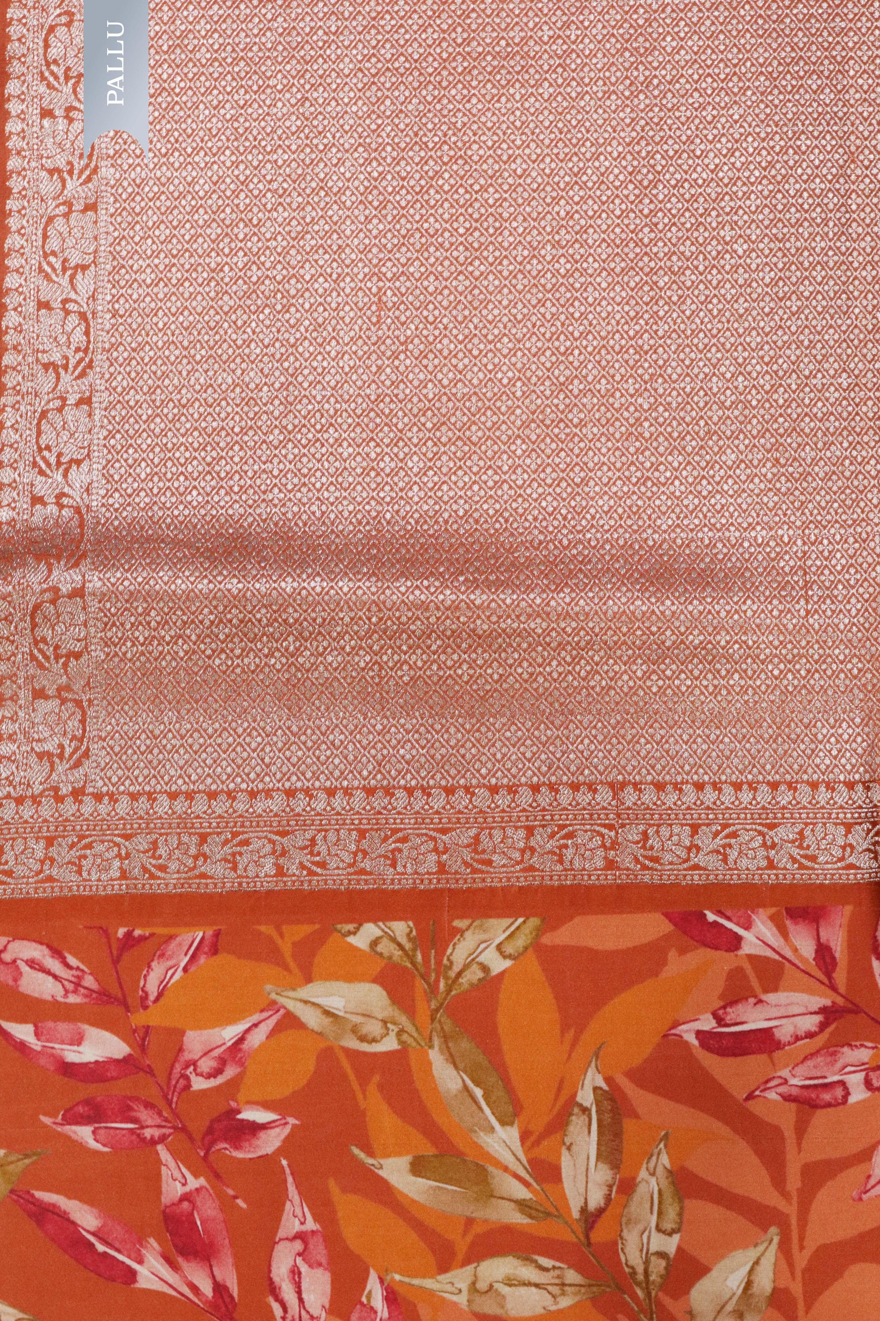 Orange Tussar Silk Saree with Silver Zari Motifs & Printed Border - Mokshaa