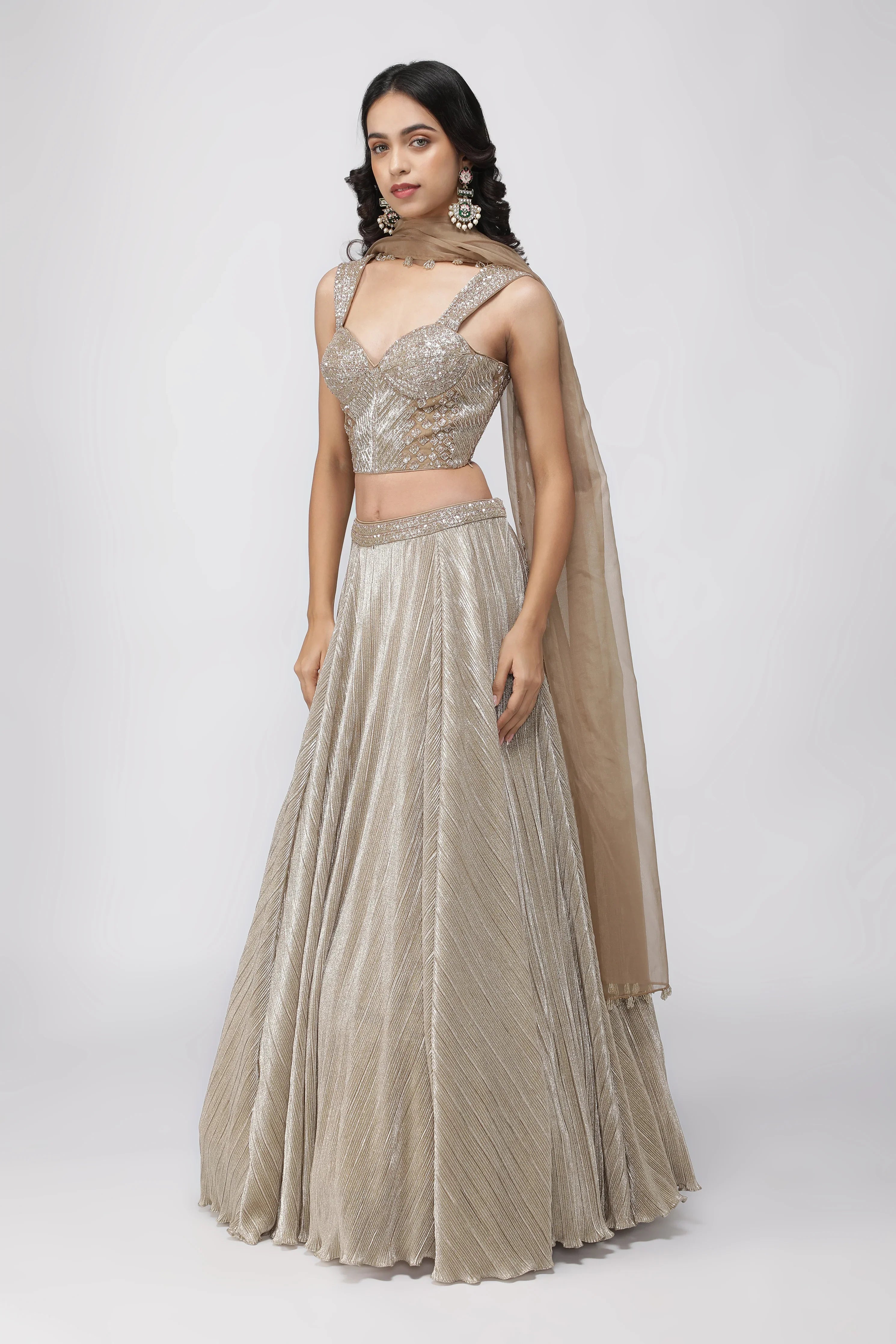 Dark Gold Crush Lehenga with Corset Blouse - Mokshaa