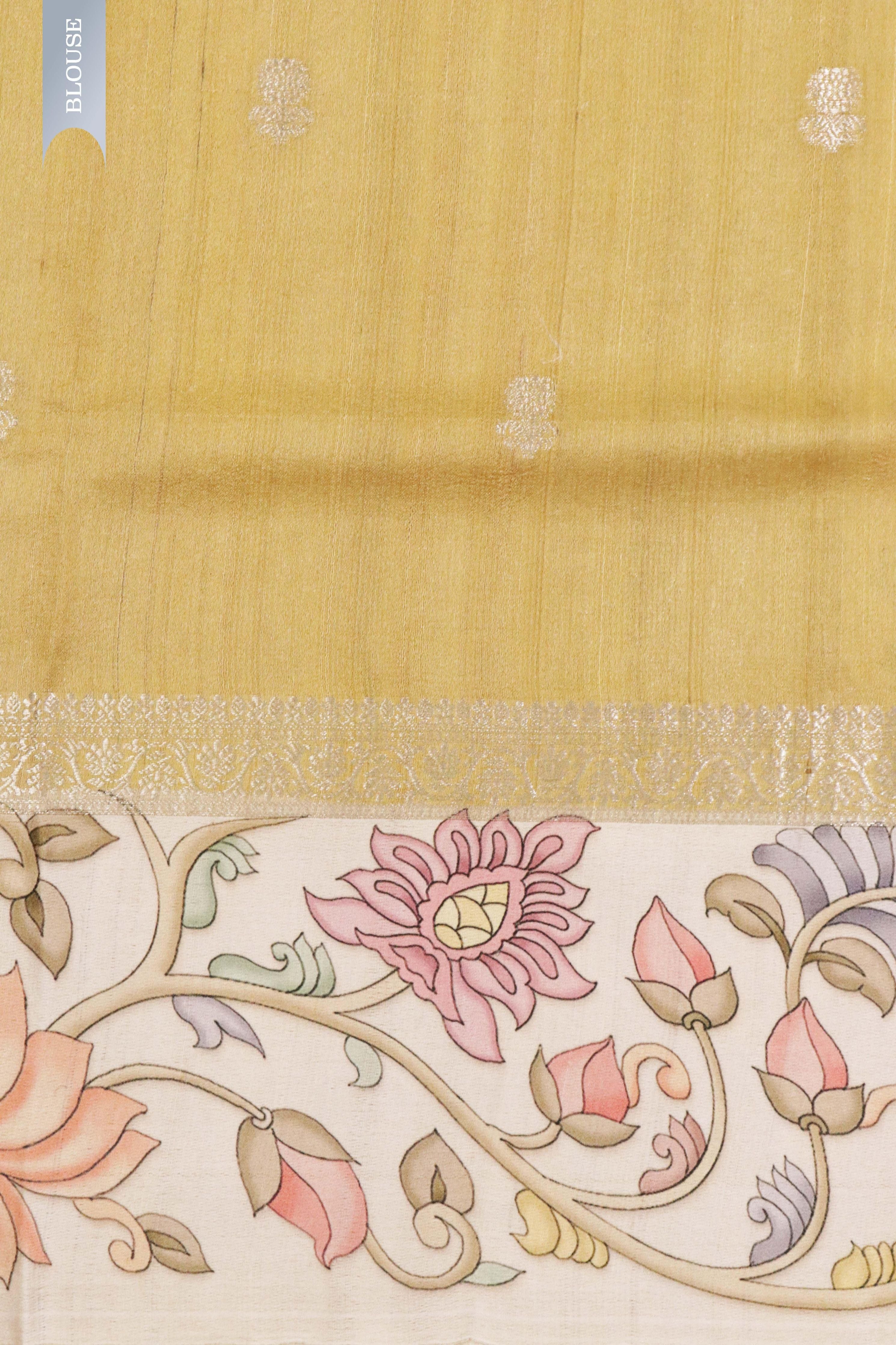 Banaras Tussar Silk Saree in Golden with Zari Motifs & Kalamkari Border - Mokshaa