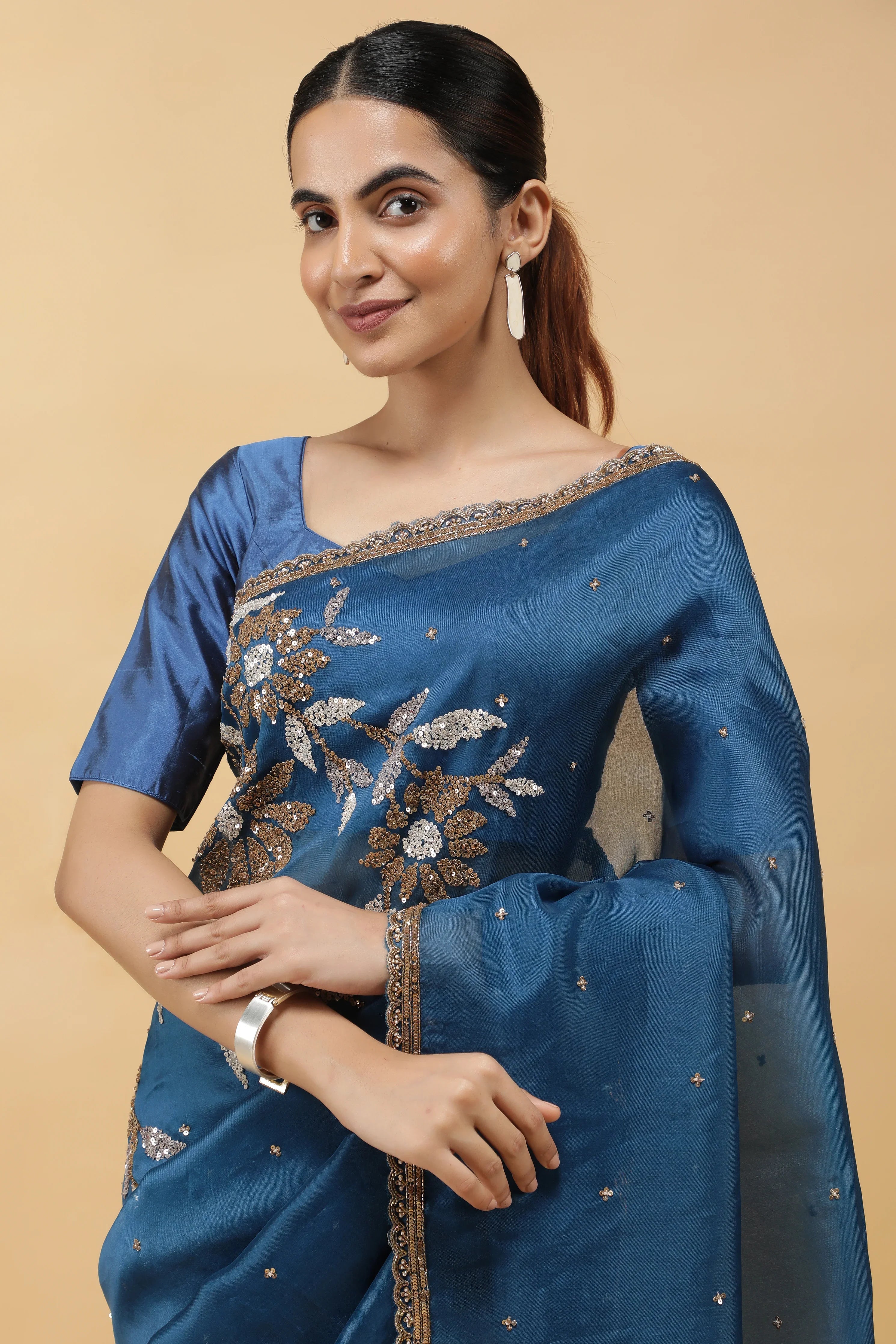 Serulel Blue Organza Saree with Sequin Embroidery - Mokshaa