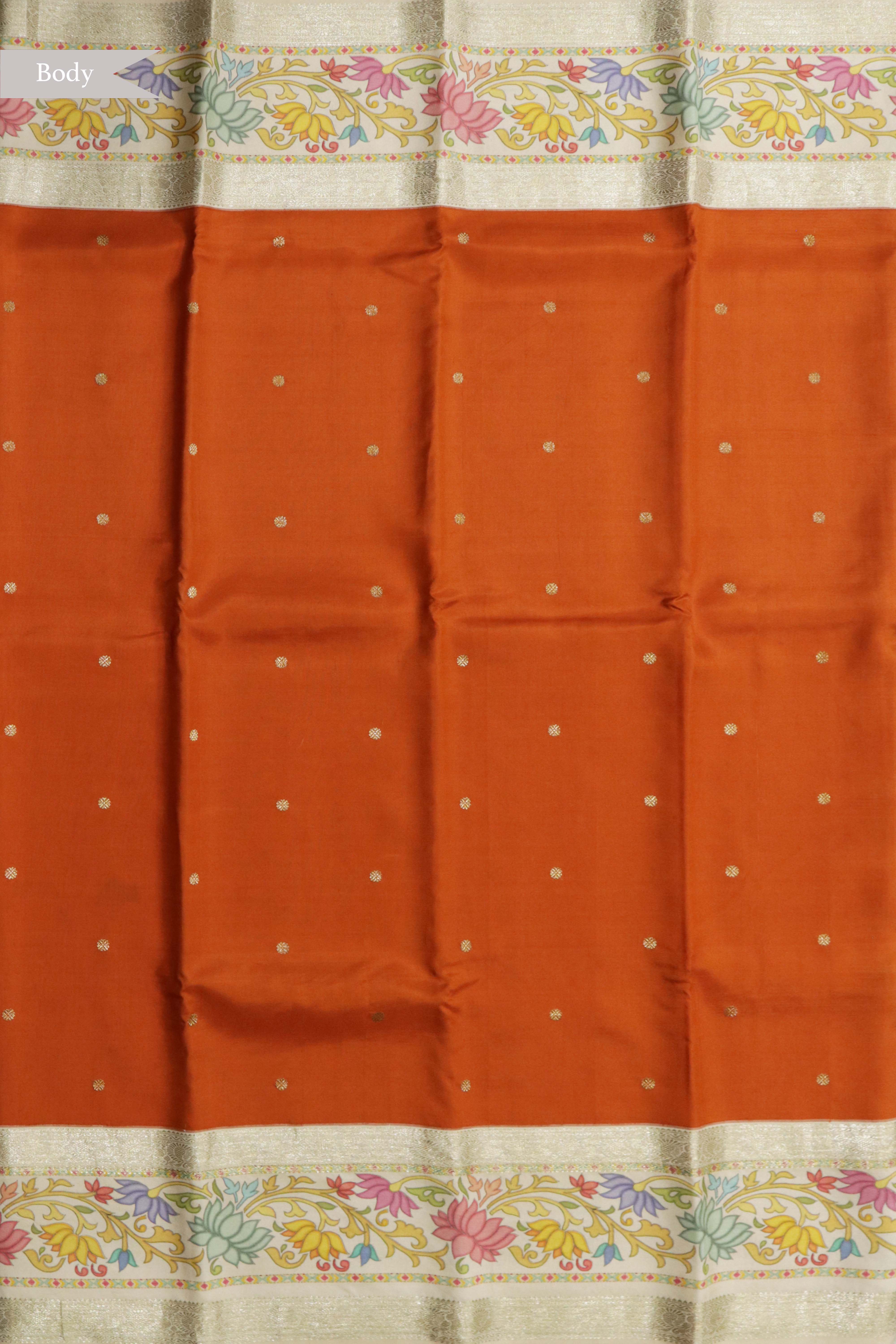 Orange Silk Saree with Floral Printed Border