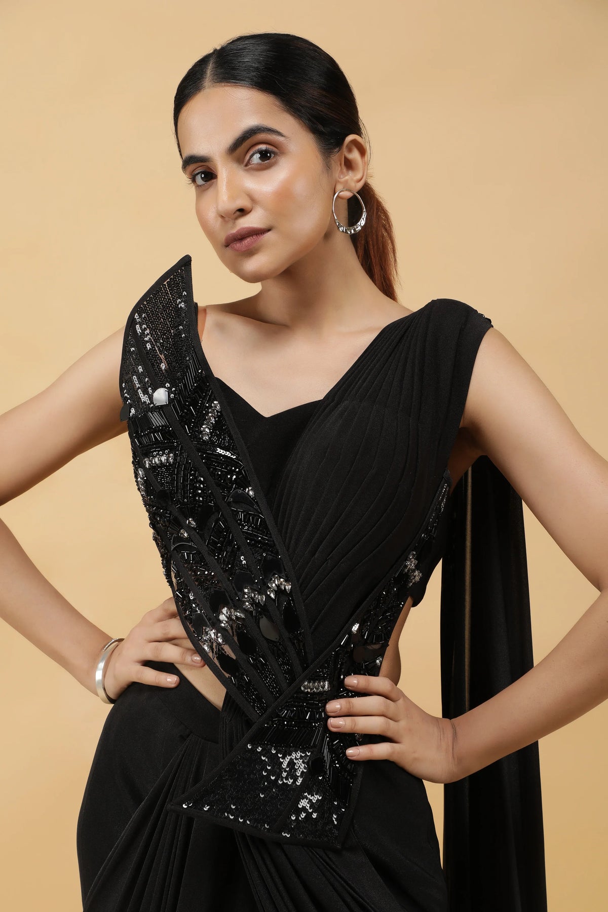 Midnight Luxe Kutdana Embroidered Draped Saree Gown | Lehenga | Mokshaa