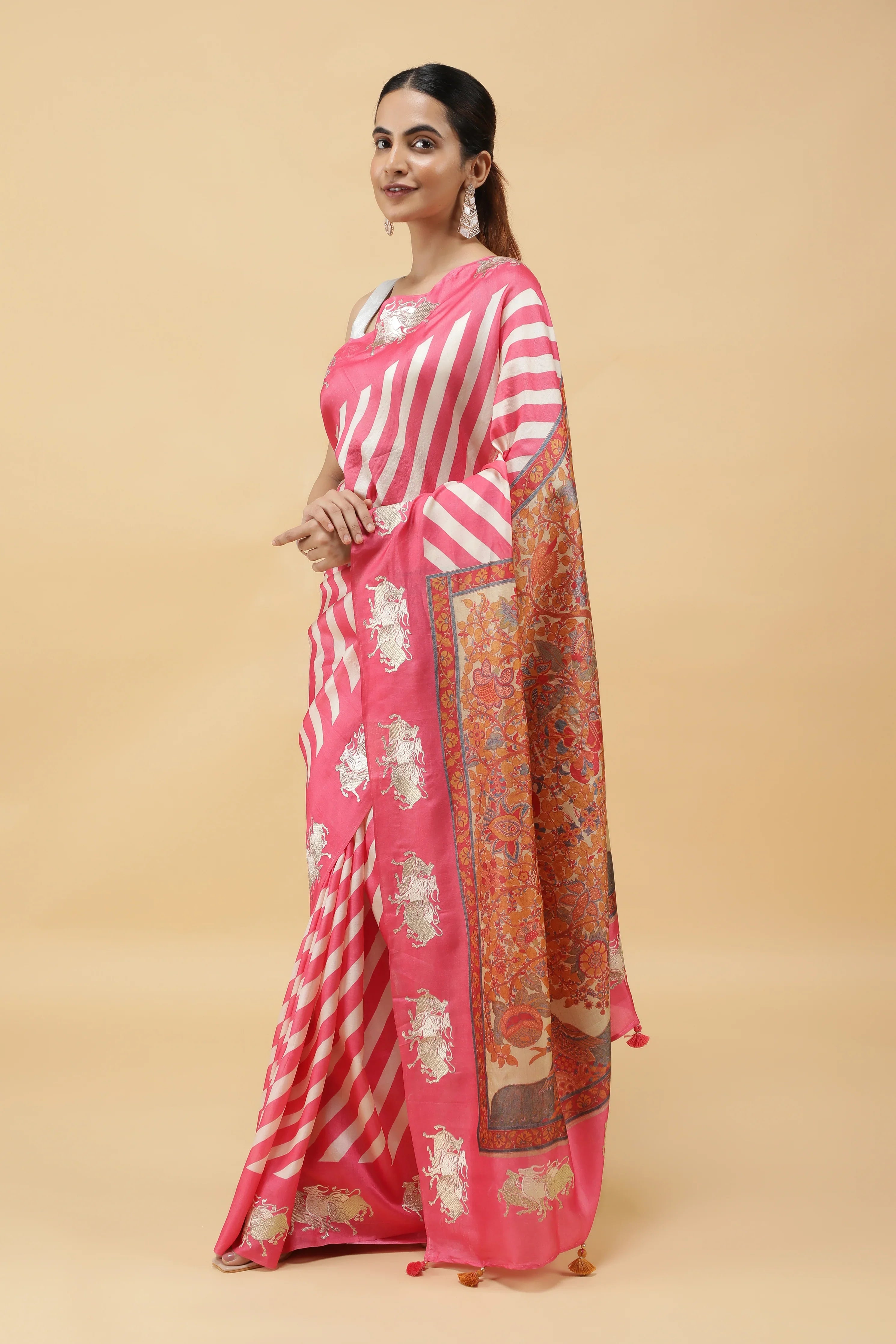 Pink & Off-White Tussar Silk Saree with Zari Motifs and Kalamkari Pallu - Mokshaa